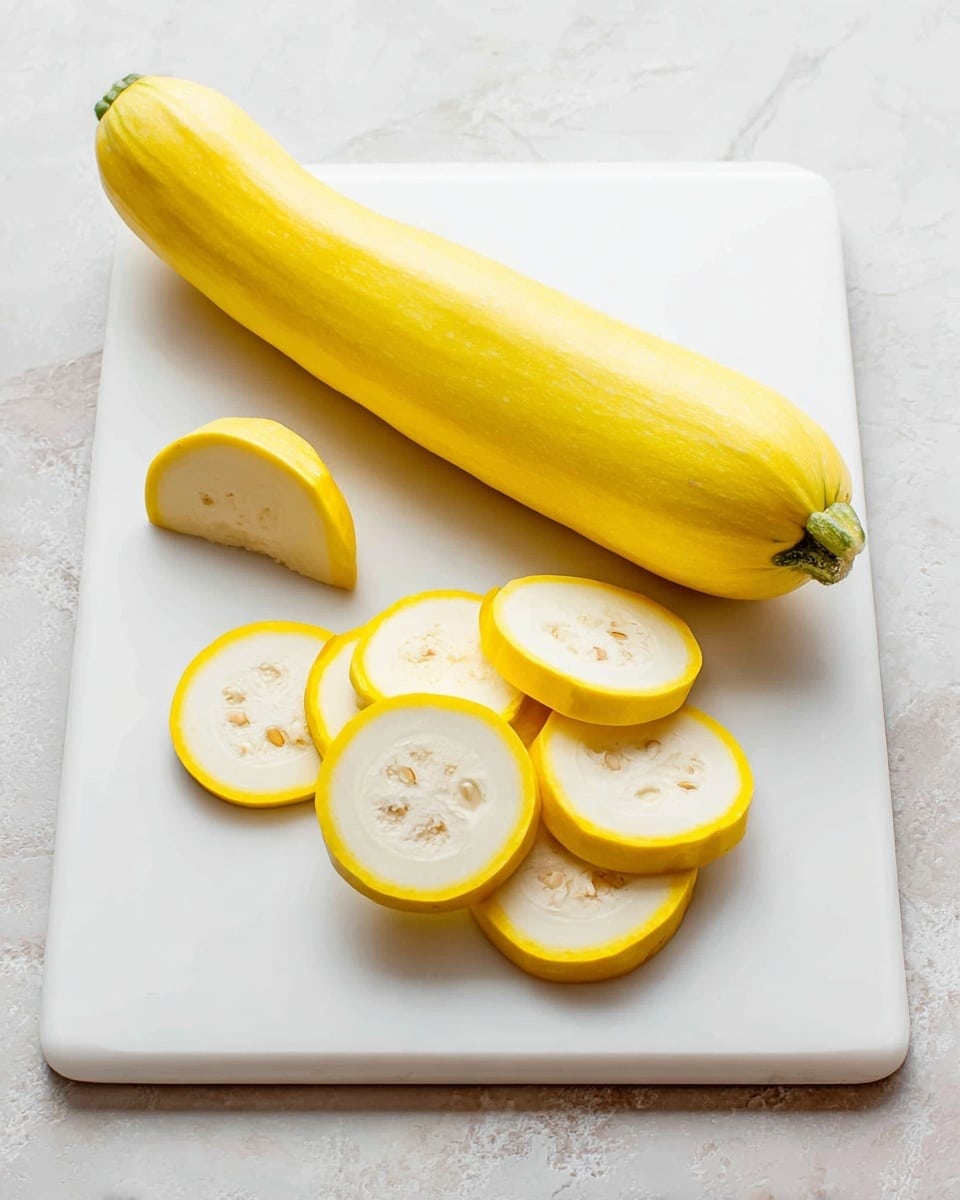 A white chopping board on a white marbled surface with a whole long yellow squash placed horizontally at the top. Below it, a smaller piece of the squash is lying to the left, and to the right, six round yellow slices of the squash are stacked loosely in two layers, showing the white inner flesh with pale seeds. The bright yellow skin contrasts with the soft white inside of the slices. Photo taken with an iphone --ar 4:5 --v 7