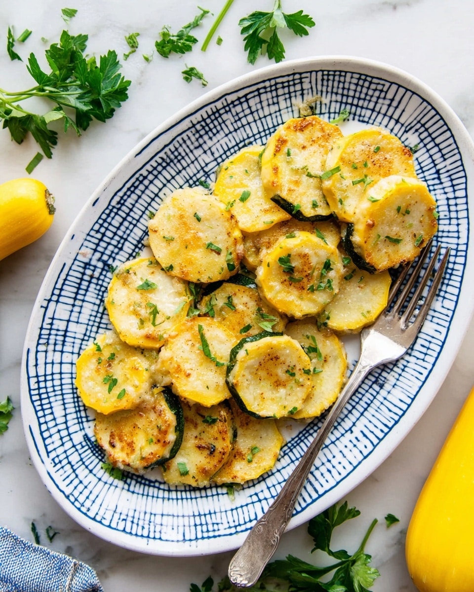 The image shows a white oval plate with a blue grid pattern filled with two layers of round, yellow squash slices. Each slice is cooked with a light golden brown crust on top, added with small bits of green herbs scattered over them. The slices vary slightly in size and overlap unevenly across the plate. A silver fork rests on the right side of the plate, and fresh parsley leaves and whole yellow squash are visible around the plate on a white marbled surface. photo taken with an iphone --ar 4:5 --v 7