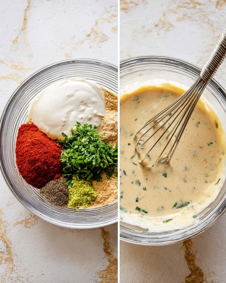 The image shows two clear glass bowls on a white marbled surface. The left bowl contains five separate piles of ingredients: a white creamy base spread across the bowl, bright red powder on the left, light brown powder on the right, a green fresh herb pile on the top, a smaller mound of green zest below the herbs, and a small heap of dark brown spice near the bottom left. The right bowl shows the same ingredients fully mixed into a smooth, light beige sauce with small green flecks, with a silver whisk resting inside. Photo taken with an iphone --ar 4:5 --v 7
