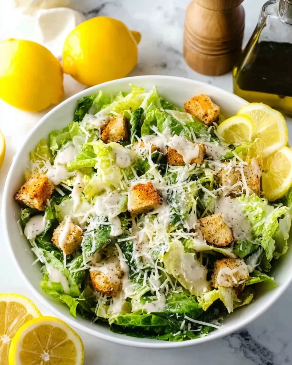 A white bowl filled with a fresh salad showing a base layer of bright green romaine lettuce, topped with small golden-brown croutons scattered around. Over the lettuce and croutons, there is a creamy light-colored dressing drizzled evenly, and shredded white cheese sprinkled on top. Three lemon slices are placed on one side of the bowl, adding a pop of yellow color. The bowl sits on a white marbled surface, with whole lemons, a pepper grinder, and a bottle of oil blurred in the background. Photo taken with an iphone --ar 4:5 --v 7