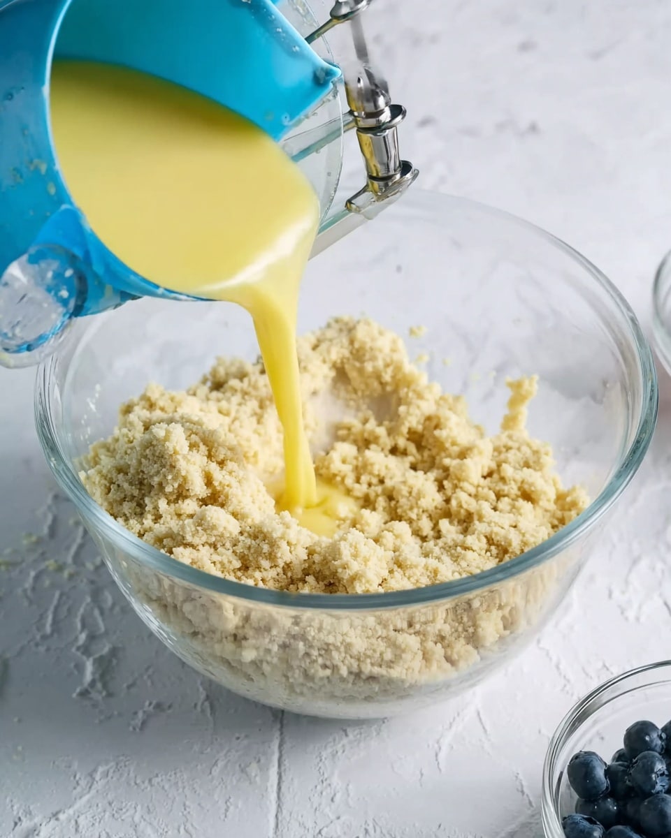 A clear glass bowl sits on a white marbled surface, filled with a crumbly beige mixture that looks like dough. A blue electric mixer with silver beaters is in the bowl, partially blending the ingredients. A yellow liquid batter is being poured in from a clear measuring cup held above the bowl, dripping into the crumbly dough below. There is a small clear bowl with dark blue berries to the right on the same white marbled texture in the background. photo taken with an iphone --ar 4:5 --v 7