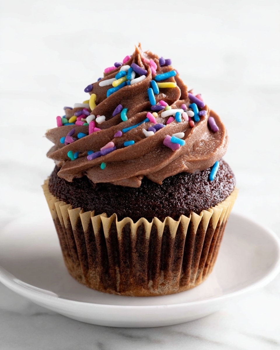 A single chocolate cupcake with three visible layers is shown. The base layer is a dark brown, moist chocolate cake wrapped in a natural brown paper liner with crinkles. On top of the cake, a thick swirl of smooth, creamy chocolate frosting rises to a pointed peak. The frosting is dark brown and decorated with colorful cylindrical sprinkles in bright colors like blue, purple, pink, yellow, and white. The cupcake sits on a white plate, all placed on a white marbled surface. photo taken with an iphone --ar 4:5 --v 7