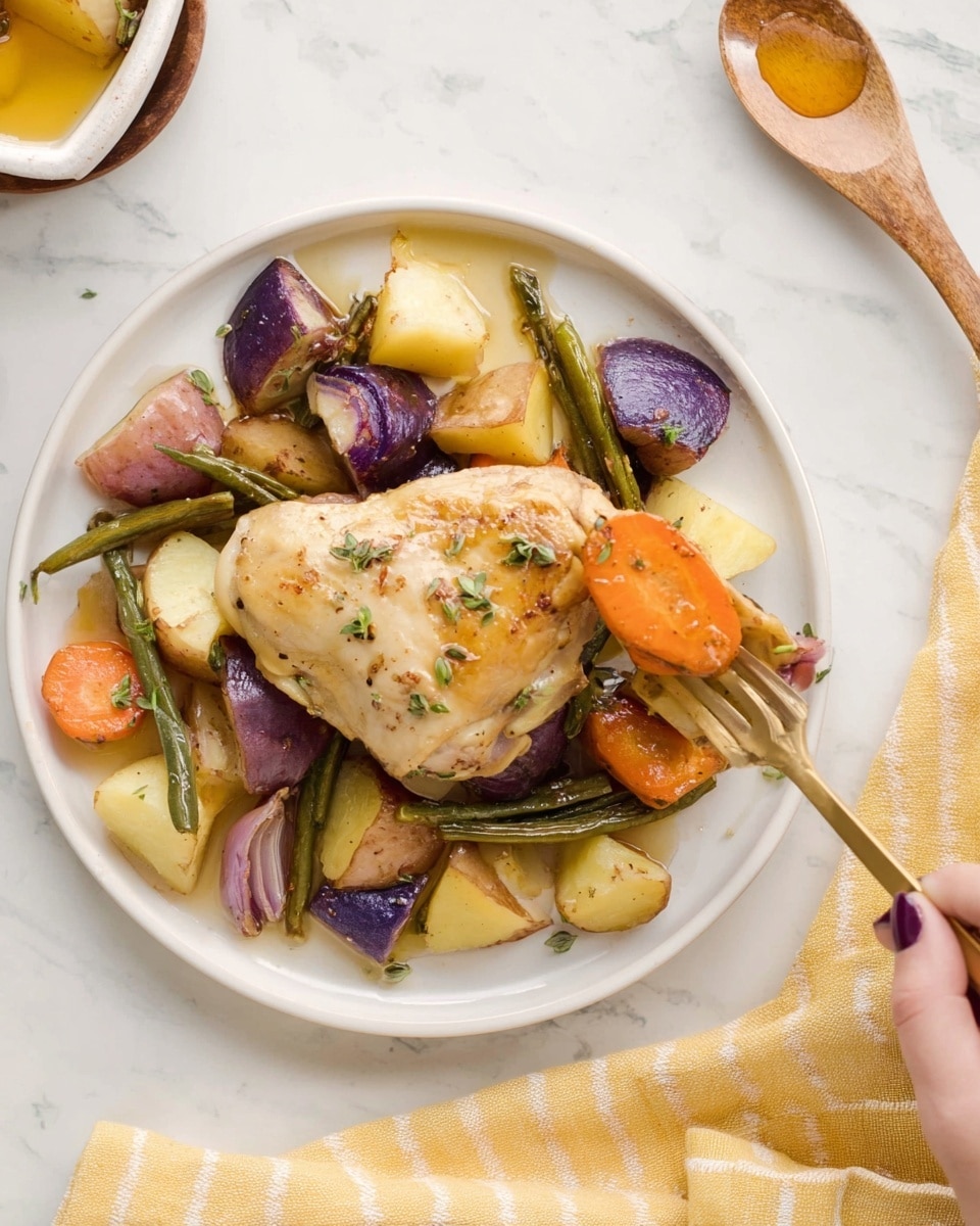 A white plate sits on a white marbled surface, holding a layered meal. At the bottom are chunks of pale yellow potatoes mixed with purple potato pieces, scattered with green beans. There are soft slices of bright orange carrots and pieces of purple onion spread around. On top lies a golden brown chicken thigh, lightly seasoned and garnished with small green herb pieces. A woman's hand with a gold fork lifts a piece of chicken with a carrot slice. Nearby, a wooden spoon with honey drizzle and a yellow cloth with white lines add warmth to the setting. photo taken with an iphone --ar 4:5 --v 7