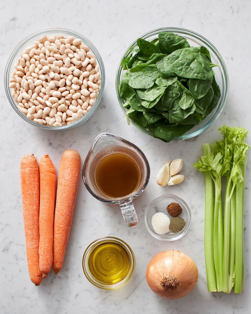 The image shows raw ingredients arranged neatly on a white marbled surface. There is a clear glass bowl full of white beans on the top left, and below it, another clear glass bowl filled with fresh green spinach leaves. Next to these, three whole orange carrots lie horizontally with a small glass measuring cup filled with brown broth placed below them. To the right, there is a small clear bowl holding four types of spices in separate sections—one white, and three different shades of green and brown. Two garlic cloves are placed beside the bowl of spices. Below these, a small clear container of golden olive oil and a whole brown onion with its root end visible are placed. Lastly, to the far right, three stalks of fresh green celery stand vertically. The overall image is bright and clean, showing fresh natural ingredients. photo taken with an iphone --ar 4:5 --v 7