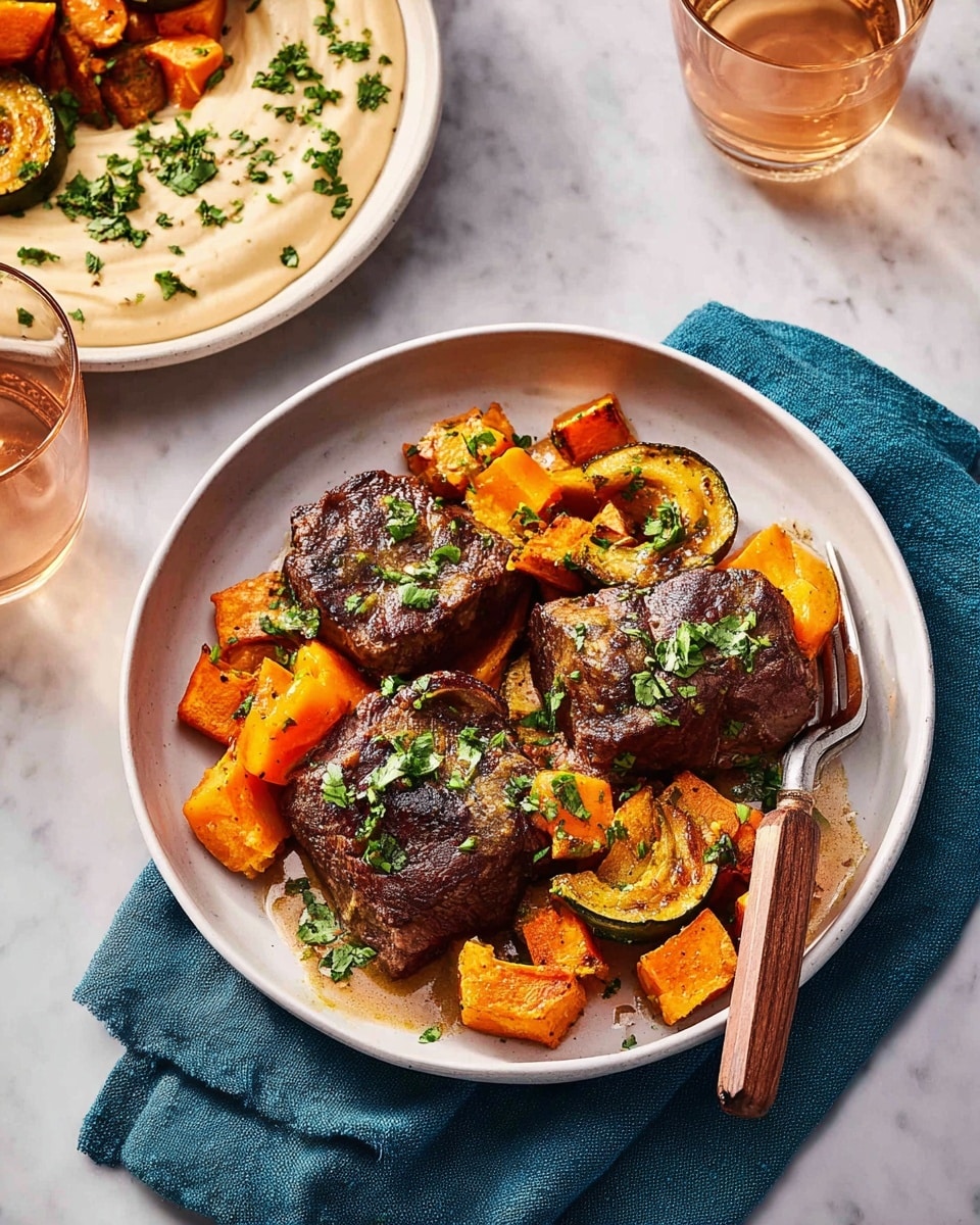 A white bowl contains two thick pieces of grilled dark brown meat with some bright green herbs on top. Underneath the meat, there are round slices of roasted orange squash with green skin, and spread around are chunky orange pieces of roasted sweet potato. The bowl sits on a blue cloth napkin on a white marbled surface. Next to the bowl, there is a white dish filled with a creamy light beige sauce topped with chopped green herbs. A glass of light amber liquid is nearby. A fork with a wooden handle rests inside the bowl. Photo taken with an iphone --ar 4:5 --v 7
