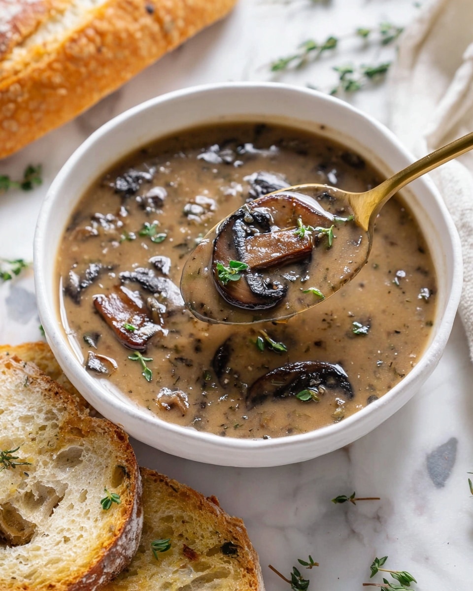 A white bowl filled with thick mushroom soup showing dark brown cooked mushroom slices floating on the surface with small green herb leaves on top. A golden spoon lifts a portion of the soup, displaying a glossy, smooth texture mixed with mushrooms and herbs. Around the bowl, there are light brown slices of bread with a crunchy crust, placed on a white marbled surface with some green herbs scattered nearby. photo taken with an iphone --ar 4:5 --v 7