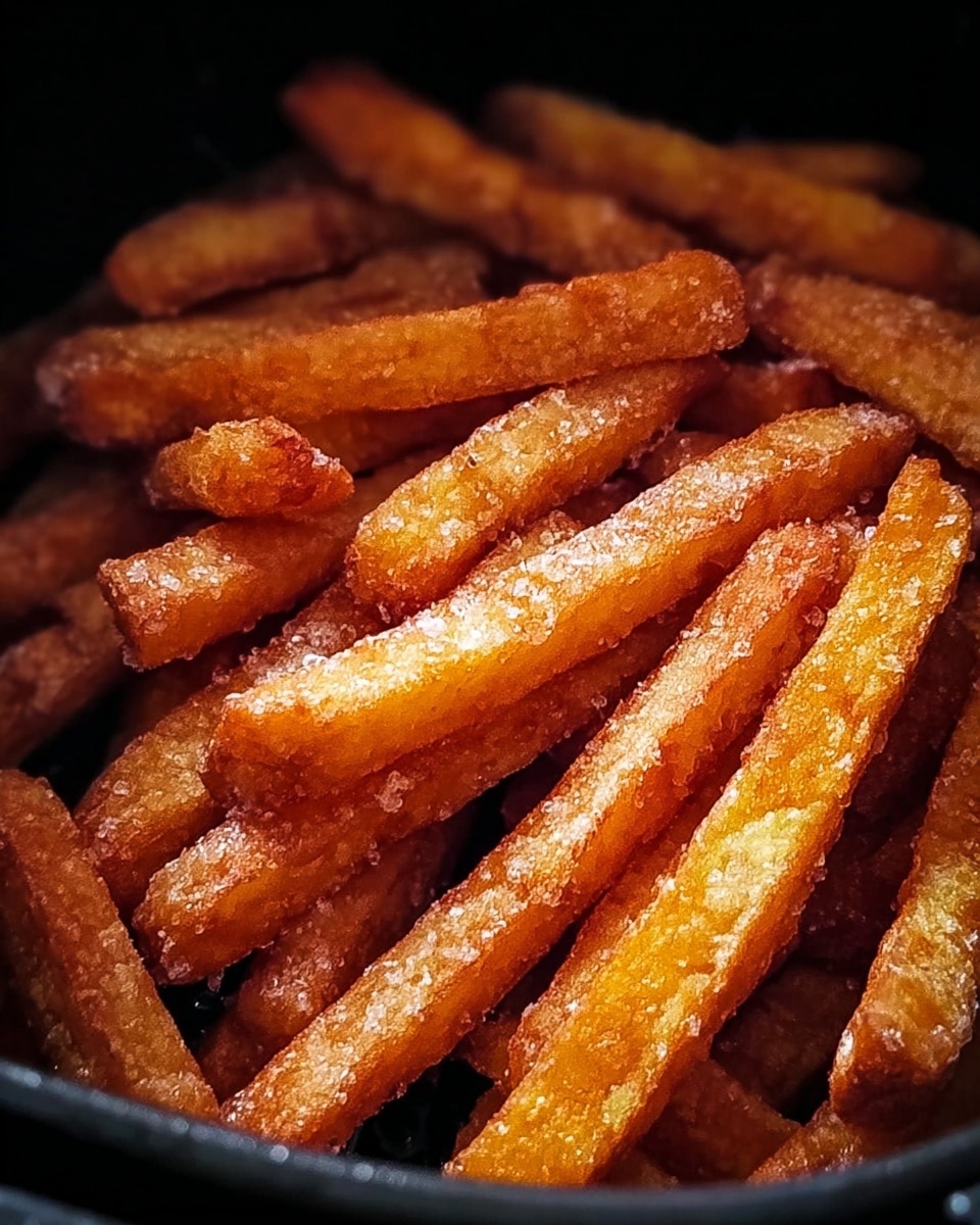The image shows a close-up of crispy golden brown fries inside a black air fryer basket. The fries are thick-cut, with a crunchy texture on the outside and a slightly rough surface with a light coating of salt or seasoning, stacked unevenly. The background is dark, emphasizing the warm tones of the fries. Photo taken with an iphone --ar 4:5 --v 7