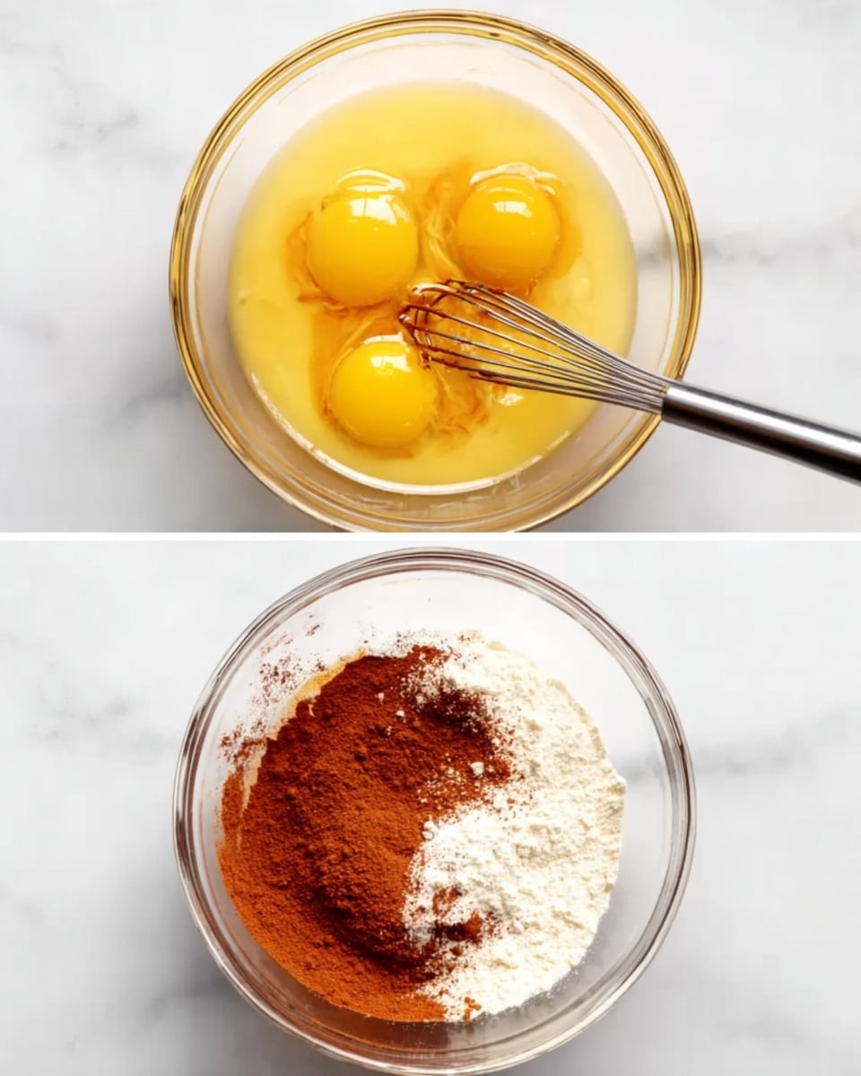 The first image shows a clear glass bowl with three yellow egg yolks, a light brown liquid, and a metal whisk placed inside, all set on a white marbled surface. The second image has the same bowl containing the same liquid base but now topped with two separate piles of dry ingredients: one white powder on the left and one reddish-brown powder on the right, with the metal whisk lying partially inside the bowl. photo taken with an iphone --ar 4:5 --v 7