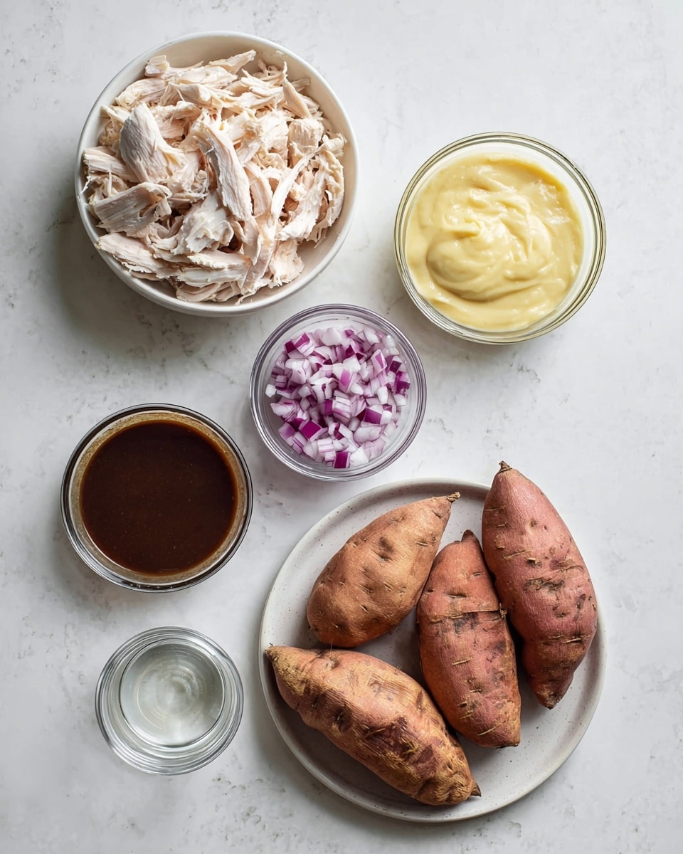 The image shows five food items arranged on a white marbled texture. In the bottom right, there is a white plate holding five medium-sized baked sweet potatoes with rough, brownish-orange skins. To the left, a white bowl filled with shredded pale cooked chicken pieces is visible. Above the chicken bowl, a small clear glass bowl contains finely chopped red onions with purple and white chunks. To the right of the onions, another clear glass bowl holds thick, pale yellow sauce that looks creamy and smooth. Below this, to the left, a clear glass bowl with dark brown thick sauce is placed. Finally, a tiny clear glass bowl with a small amount of clear liquid is situated between the dark sauce and the sweet potatoes. photo taken with an iphone --ar 4:5 --v 7