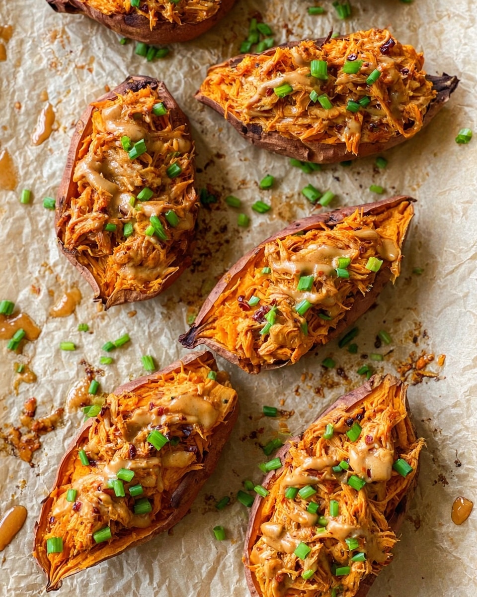The image shows six halves of baked sweet potatoes arranged on a crinkled light brown parchment paper, placed on a white marbled surface. Each sweet potato half has three visible layers: the dark orange-brown skin as the base, a thick layer of orange sweet potato flesh mixed with shredded, light brown chicken meat in the middle, and a light brown sauce drizzled on top. Finally, bright green chopped scallions are sprinkled on the surface of each potato half for color contrast. Some sauce drops and chopped scallions are also scattered on the parchment paper. The image has a cozy, rustic feel, and warm lighting highlights the textures on the potatoes and sauce. photo taken with an iphone --ar 4:5 --v 7