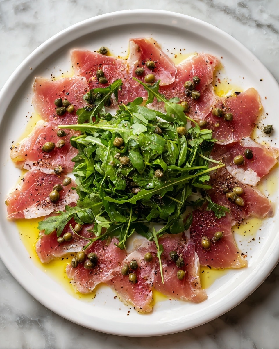 This image shows a white plate with thin slices of pinkish raw meat arranged in a circle near the edge. In the middle, there is a small mound of fresh green arugula leaves. Small brown pine nuts and green capers are scattered both on the meat and arugula. The dish has a light drizzle of oil and some black pepper sprinkled over it. The plate is placed on a white marbled surface. Photo taken with an iphone --ar 4:5 --v 7