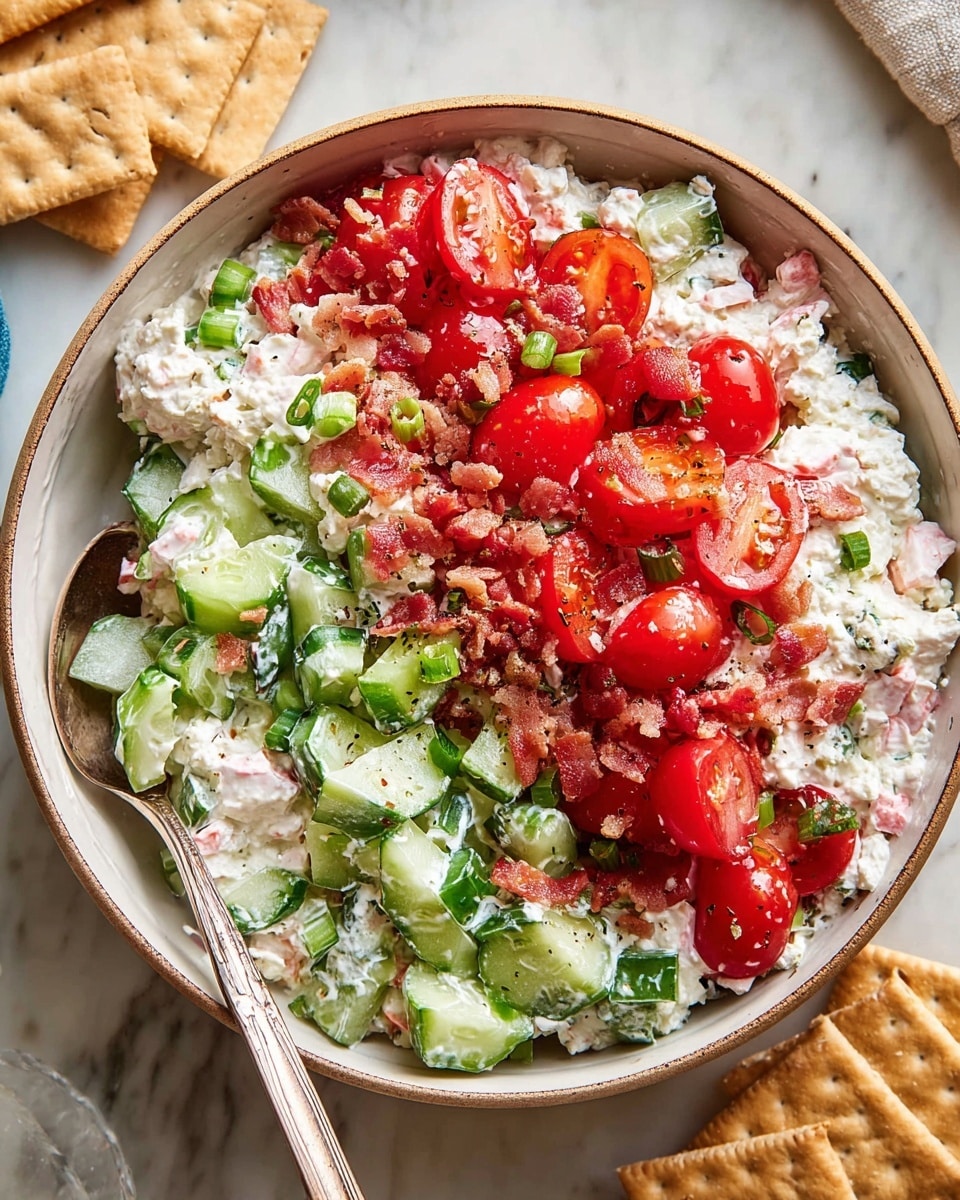 A close-up view of a creamy salad in a round white bowl, showing three main layers: the bottom layer is a light, chunky white cottage cheese base mixed with small bits of white and pink; the middle layer has bright green cucumber pieces and chopped green onions scattered throughout, adding a fresh texture; the top layer features halved, bright red cherry tomatoes and finely chopped pink bacon bits evenly spread over the salad. A silver spoon rests inside the bowl on the left side. The bowl sits on a white marbled surface with plain crackers on the side. Photo taken with an iphone --ar 4:5 --v 7