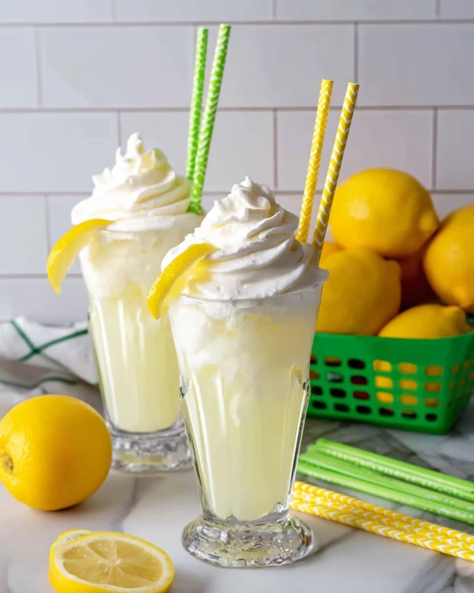 Two tall clear glasses sit on a white marbled surface, each filled with a light yellow, translucent lemonade base. On top of the lemonade is a thick swirl of white whipped cream, shaped like soft peaks. A thin lemon wedge is placed on the rim of the first glass, adding a bright yellow color. Three paper straws, green with white dots, yellow with white dots, and yellow with a zigzag pattern, stand upright in each glass. To the left, a green basket holds several whole, bright yellow lemons. The background shows white subway tiles, and some yellow and green straws lie scattered on the marble surface. Photo taken with an iphone --ar 4:5 --v 7