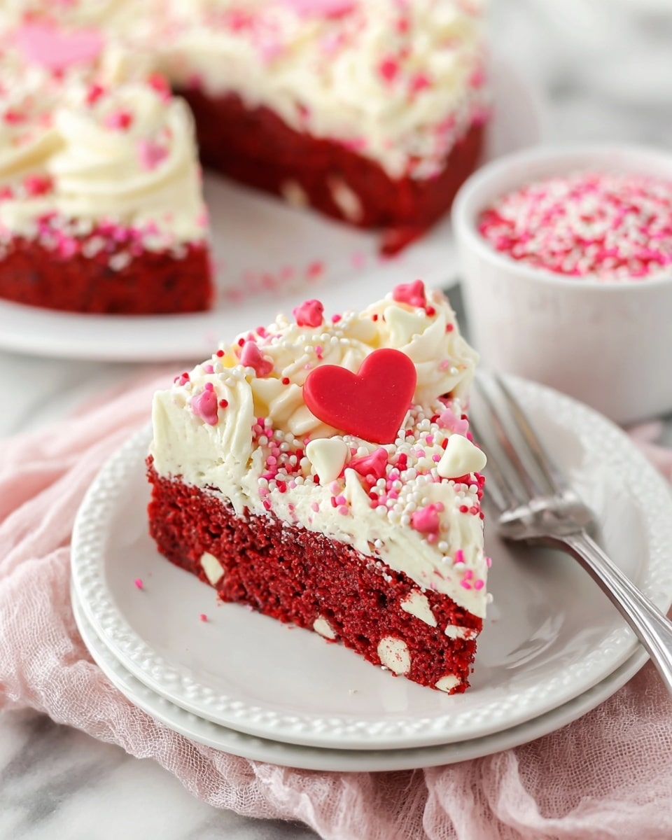 A single-layer round red velvet cookie with white chocolate chips inside is placed on a white scalloped plate. The cookie has a rich red color with scattered white chocolate chips visible on the top and inside the piece cut out. Around the edge of the cookie, there is a thick layer of white creamy frosting swirled like a rope and topped with pink, red, and silver small sprinkles, and a few red heart-shaped sprinkles. In the background, there is a white bowl filled with pink and red mixed sprinkles. The whole scene is set on a white marbled surface. photo taken with an iphone --ar 4:5 --v 7
