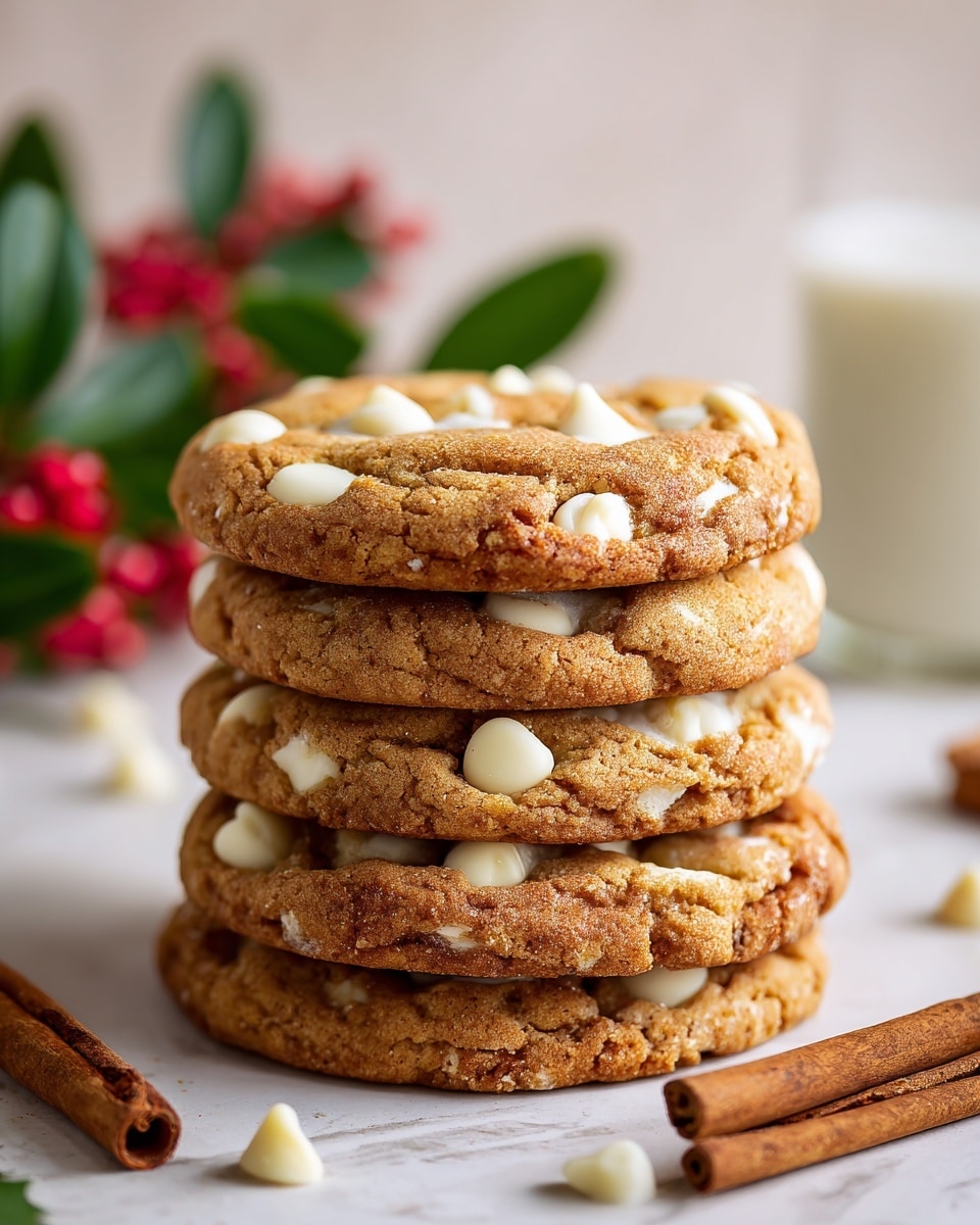 A stack of four thick cookies is shown close-up, each cookie golden brown with a rough texture and studded with many white chocolate chips that create light spotty patterns across the surface. The cookies have a soft, chewy look with small cracks and a slightly uneven edge. On the white marbled surface, there are cinnamon sticks laying next to the stack and a few white chocolate chips scattered. In the background, a blurry glass of milk and green leaves with red berries add a cozy touch. photo taken with an iphone --ar 4:5 --v 7