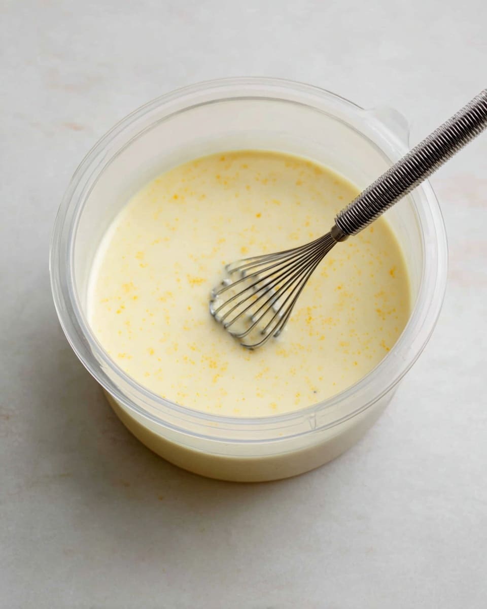 A transparent plastic container shows a creamy light yellow liquid being mixed with a small metal whisk. The liquid has tiny specks of yellow throughout, creating a slightly textured look on the surface. The thin metal whisk sits upright in the middle, partially submerged, with its coils visible above the liquid. The container rests on a white marbled surface, and the overall scene is softly lit, highlighting the smooth yet slightly textured liquid inside. Photo taken with an iphone --ar 4:5 --v 7