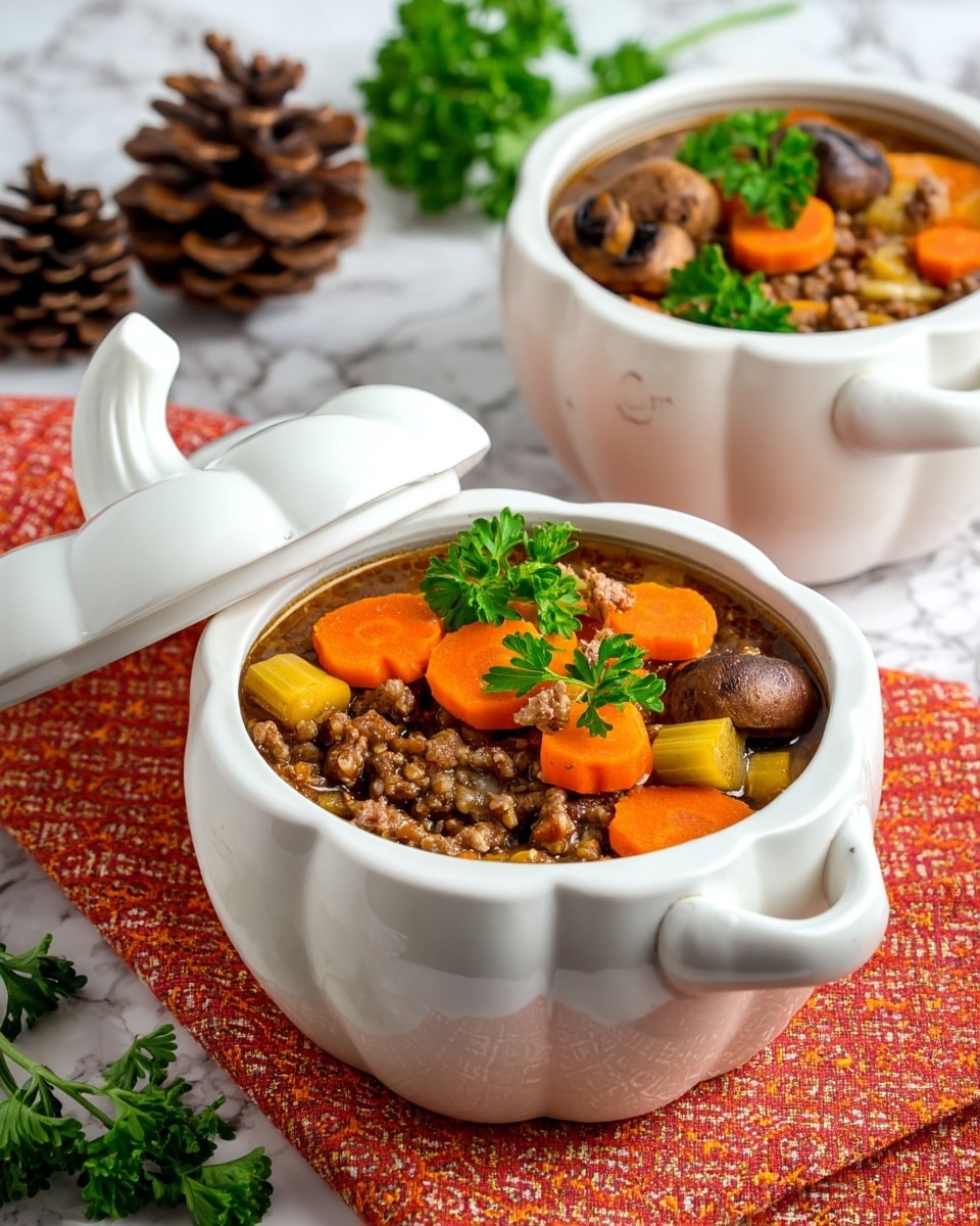A white pumpkin-shaped bowl filled with a stew made of three main layers: a base of rich brown broth with visible chunks of ground meat, a middle layer with bright orange carrot slices and light yellow celery pieces, and a top layer with whole brown mushrooms and sprigs of fresh green parsley placed on top. The bowl has a matching lid resting beside it. In the background are two white bowls also filled with the same stew, garnished with green parsley, all set on a patterned cloth with red and orange tones and some pine cones. The surface is a white marbled texture. photo taken with an iphone --ar 4:5 --v 7