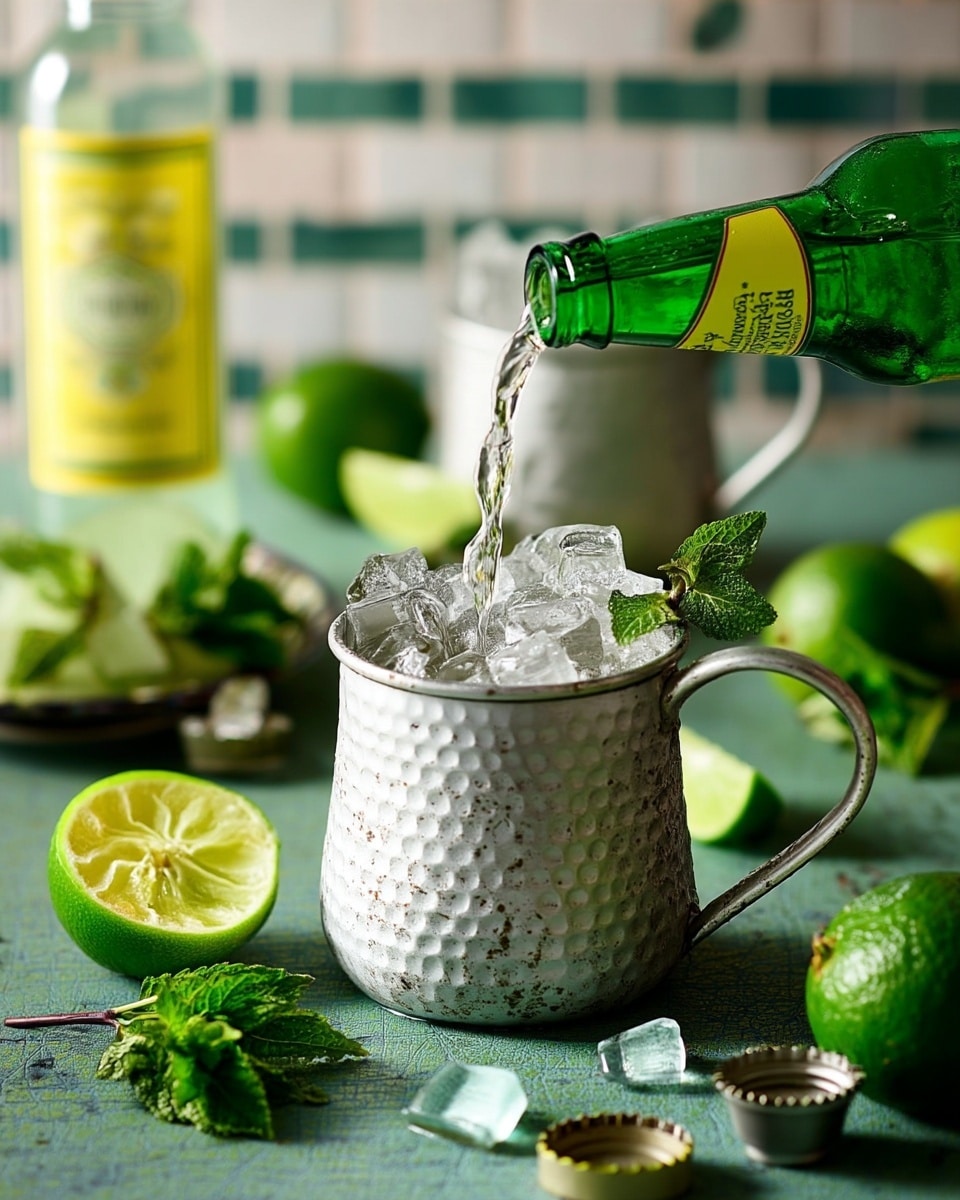 A shiny silver metal cocktail shaker is tilted, pouring clear liquid into a hammered copper mug filled with ice, placed at the center of the image; two more hammered copper mugs sit in the background, one fully visible and one partially, all on a surface with green and some mint leaves scattered around; several cut lime wedges and halves with green skin and juicy pale green inside lie around the mugs, with a few ice cubes also visible on the surface; the background shows white tiled walls, and a woman's hand grips the shaker, ready to pour photo taken with an iphone --ar 4:5 --v 7