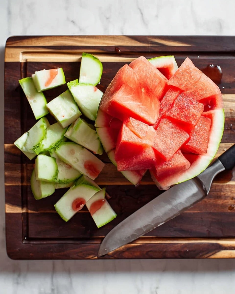 The image shows a dark wooden cutting board on a white marbled surface. On the board, there is a large peeled watermelon piece in the center with a bright red inside and some white rind around the edges. Next to it, there is a pile of green and white watermelon rinds with some red parts stuck to them. A knife with a silver blade and black handle lies diagonally next to the peeled watermelon piece. The knife blade looks sharp and clean, and drops of watermelon juice are visible on the board nearby. photo taken with an iphone --ar 4:5 --v 7