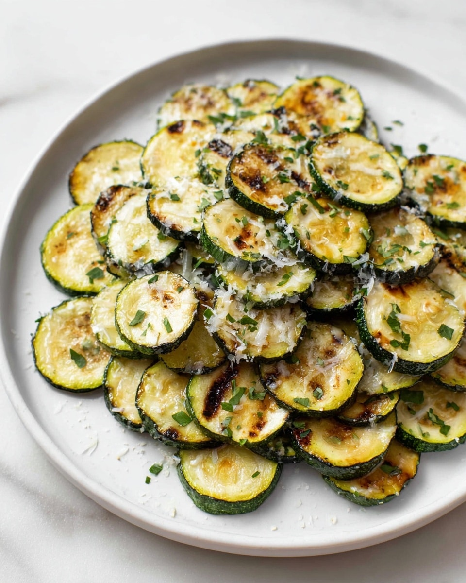 A white plate on a white marbled surface holds about four layers of round zucchini slices arranged in a loose pile. Each slice has a green outer edge and a light yellow inside that shows light brown grilled marks. The slices are topped with a sprinkle of shaved white cheese and small green herb pieces scattered all over. The overall look is a mix of green, yellow, brown, and white colors with a slightly shiny, grilled texture. photo taken with an iphone --ar 4:5 --v 7