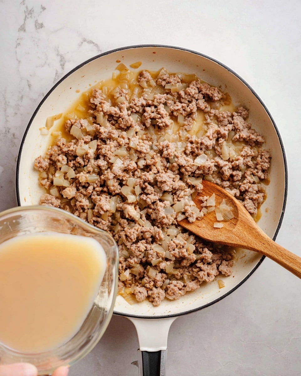 A white pan with a black rim holds cooked ground meat mixed with small pieces of onion, all in a light brown sauce. The meat is crumbly with slight browning and the onions are translucent and soft. A wooden spoon is resting on the right side inside the pan, and at the bottom left corner, a woman's hand is pouring a light beige liquid from a clear glass measuring cup into the pan. The background is a white marbled surface. photo taken with an iphone --ar 4:5 --v 7