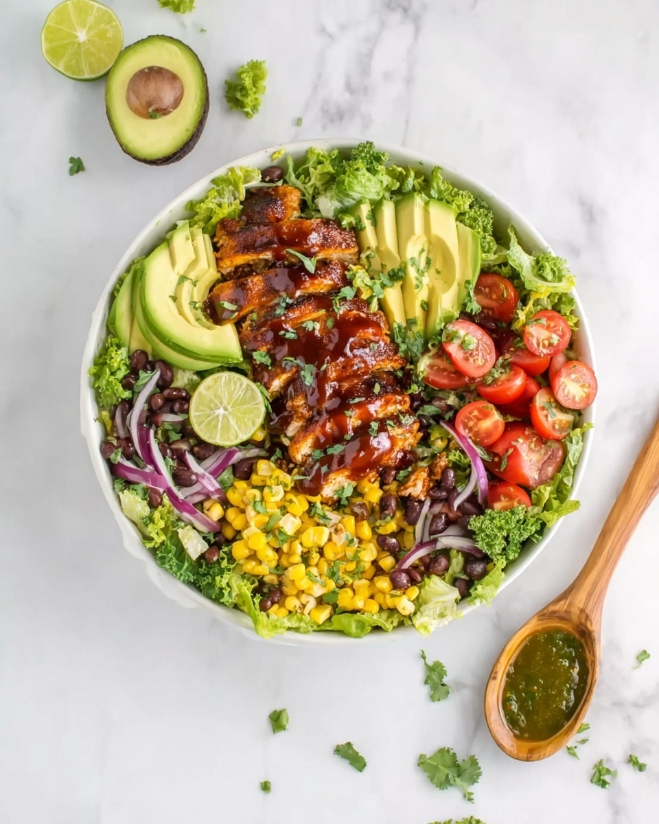 A white bowl filled with a layered salad above a white marbled surface. The bottom layer is fresh, curly green lettuce leaves. On top there are bright yellow grilled corn kernels scattered around, along with black beans and thin slices of purple onion. Cherry tomato halves in a vibrant red color are spread evenly. On either side near the top rim, there are two avocado halves, each with sliced layers of pale green flesh. In the center lies a piece of grilled chicken glazed with a shiny dark reddish-brown sauce and garnished with green herbs. Two lime slices rest near the top and bottom edges of the chicken. A wooden spoon holding a green dressing rests beside the bowl. Photo taken with an iphone --ar 4:5 --v 7