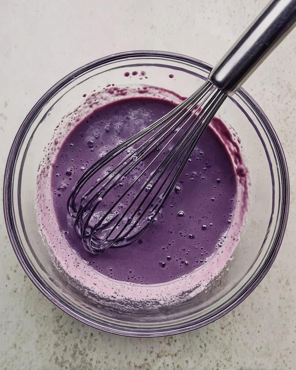 A clear glass bowl holds a smooth shiny purple mixture with small bubbles spread evenly on the surface. A metal whisk with black wires rests inside the bowl, partly covered with the purple mix. The bowl sits on a white marbled surface, with some purple splashes smeared around it. Photo taken with an iphone --ar 4:5 --v 7