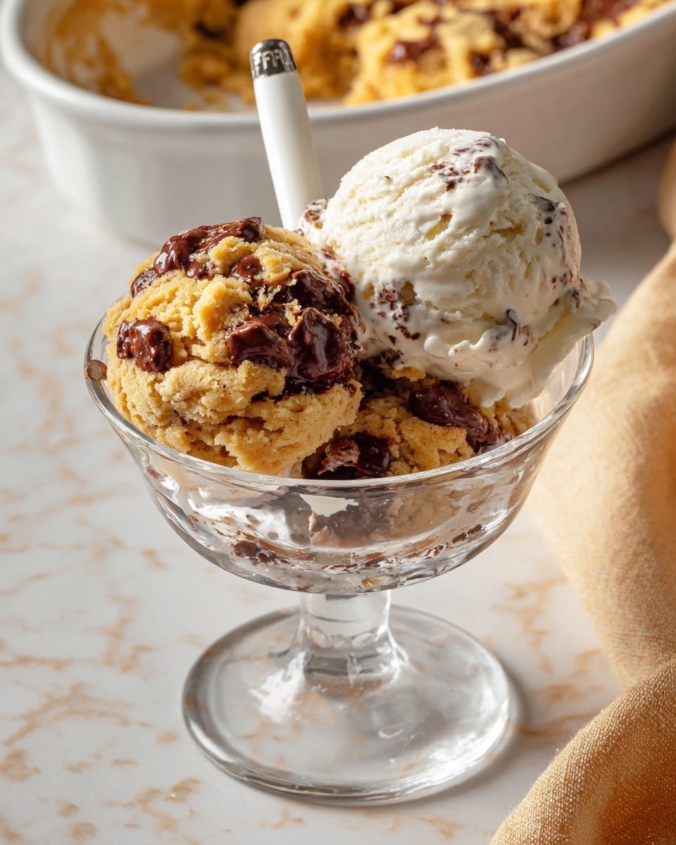 A clear glass dessert cup holds two scoops side by side: one scoop is golden cookie dough with melted dark chocolate chunks spread unevenly through it, showing soft, crumbly texture and shiny chocolate globs; the other scoop is creamy white vanilla ice cream with tiny dark vanilla specks, smooth and slightly melting. A silver spoon with a white handle is tucked into the ice cream side. In the background, there is a white dish with more cookie dough, all set on a white marbled surface with a beige cloth partly visible near the bottom. Photo taken with an iphone --ar 4:5 --v 7