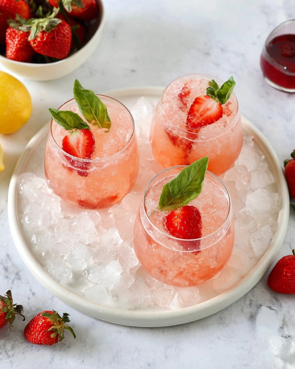 Three glasses are filled with light pink crushed ice drink, each topped with a large red strawberry sliced on one side and a sprig of bright green basil leaves, sitting on a round white plate full of clear ice cubes. The background is a white marbled surface scattered with fresh red strawberries and a half-cut yellow lemon. Part of a white bowl filled with strawberries and dark red liquid is visible in the upper right corner. photo taken with an iphone --ar 4:5 --v 7