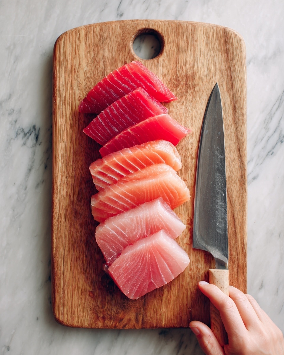 A wooden cutting board with a handle hole holds several slices of raw fish arranged in two layers, starting from darker red slices at the top and transitioning to light pink slices below. A woman's hand is holding a large knife slicing a fresh piece of pink fish at the bottom right corner of the board. The background is a white marbled surface. photo taken with an iphone --ar 4:5 --v 7