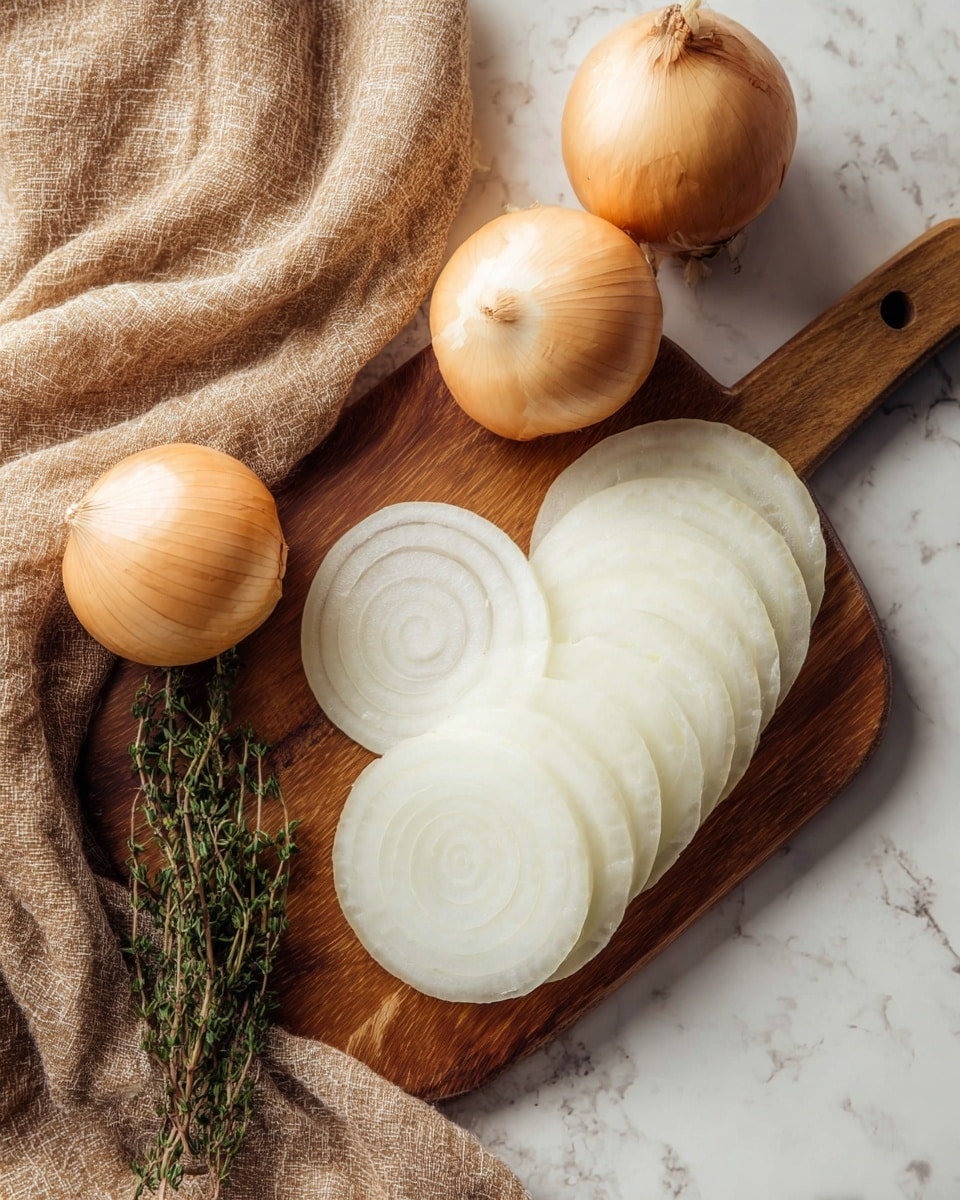 The image shows a wooden cutting board placed on a white marbled surface, with thin, round slices of white onion neatly layered and spread out on the right side of the board. To the left of the sliced onions, there are three whole onions with light brown skins resting on the board and surface. Near the cutting board, there is a small bunch of fresh green thyme sprigs, adding a touch of color. A soft, brownish-beige cloth is draped casually on the left side of the image, partially resting on the marbled surface. Photo taken with an iphone --ar 4:5 --v 7