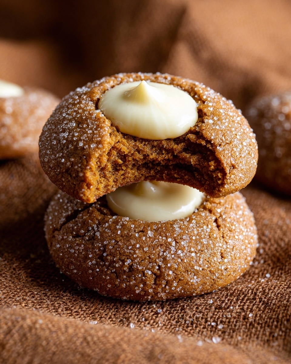 The image shows a stack of two round brown cookies coated with sugar crystals. The top cookie has a bite taken out, revealing a soft, crumbly inside. Each cookie has a smooth dollop of white cream in the center, slightly glossy and slightly sunken into the cookie. The cookies rest on a textured brown fabric that contrasts with their warm tones. The lighting highlights the sparkling sugar and cream texture clearly. photo taken with an iphone --ar 4:5 --v 7
