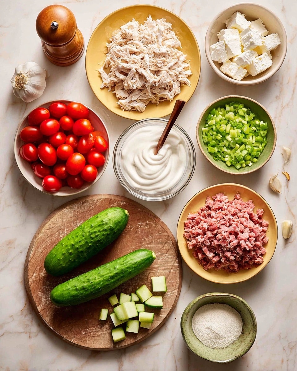 The image shows a set of ingredients arranged on a white marbled surface. At the center, there is a small round wooden board with two whole green cucumbers and diced cucumber pieces in front of them. To the left of the board, there is a yellow plate filled with shredded light beige cooked chicken and below it, a white bowl with halved bright red cherry tomatoes. Below the cherry tomatoes, a glass bowl with thick white sour cream and a wooden spoon is placed. To the right of the chicken plate, another yellow plate holds finely chopped cooked ham with a dark pink color. Above the ham plate, a small wooden bowl is filled with chopped green onions. On top, there is a small ceramic bowl with white cottage cheese and a wooden spoon inside it. Near the bottom center, a small clay bowl holds a small pile of white flour, and next to it, a tiny green plate has two peeled garlic cloves. A light wood pepper grinder is on the top left. photo taken with an iphone --ar 4:5 --v 7