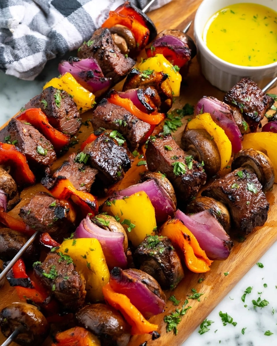 The image shows several skewers of grilled meat and vegetables arranged closely on a wooden board. Each skewer has multiple layers starting with dark, nicely charred beef cubes, followed by yellow bell pepper chunks with a slight roasted look, then slices of red onion that are soft with light grill marks, bright orange bell peppers, deep brown grilled mushrooms, and red bell pepper pieces. The threads of fresh green herbs are sprinkled on top of the skewers. To the right side, a small white bowl sits with some melted yellow butter or sauce. The surface under the wooden board is a white marbled texture and a gray and white checkered cloth is partially visible on the bottom left corner. The lighting is bright and natural. photo taken with an iphone --ar 4:5 --v 7