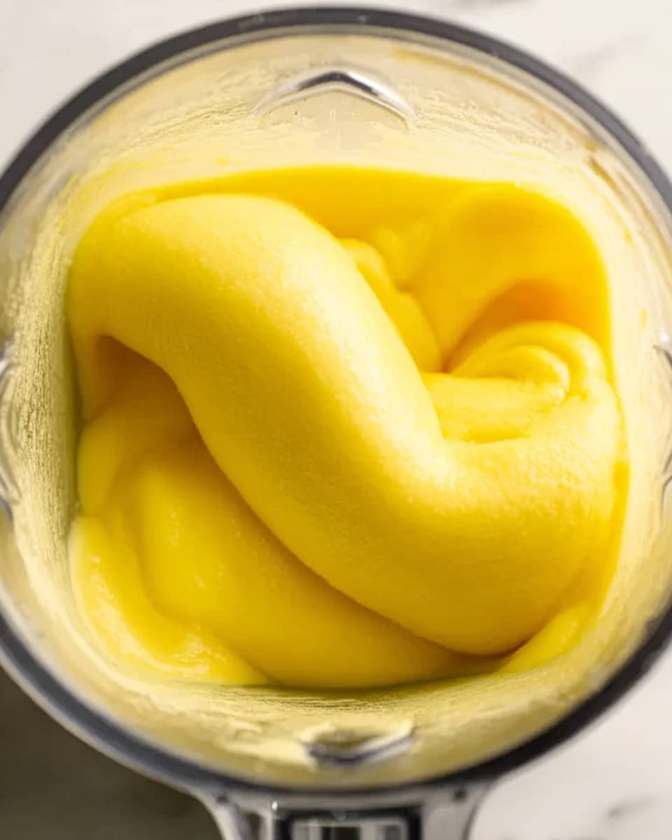 The image shows a close-up of a blender filled with a thick, smooth, bright yellow mixture swirling inside. The texture looks creamy and soft, with the swirl creating gentle curves and folds within the transparent blender jar. A metal blade is visible at the bottom under the yellow mixture, and the blender is resting on a white marbled surface. The lighting highlights the shiny, smooth surface of the mixture and the blender container. photo taken with an iphone --ar 4:5 --v 7