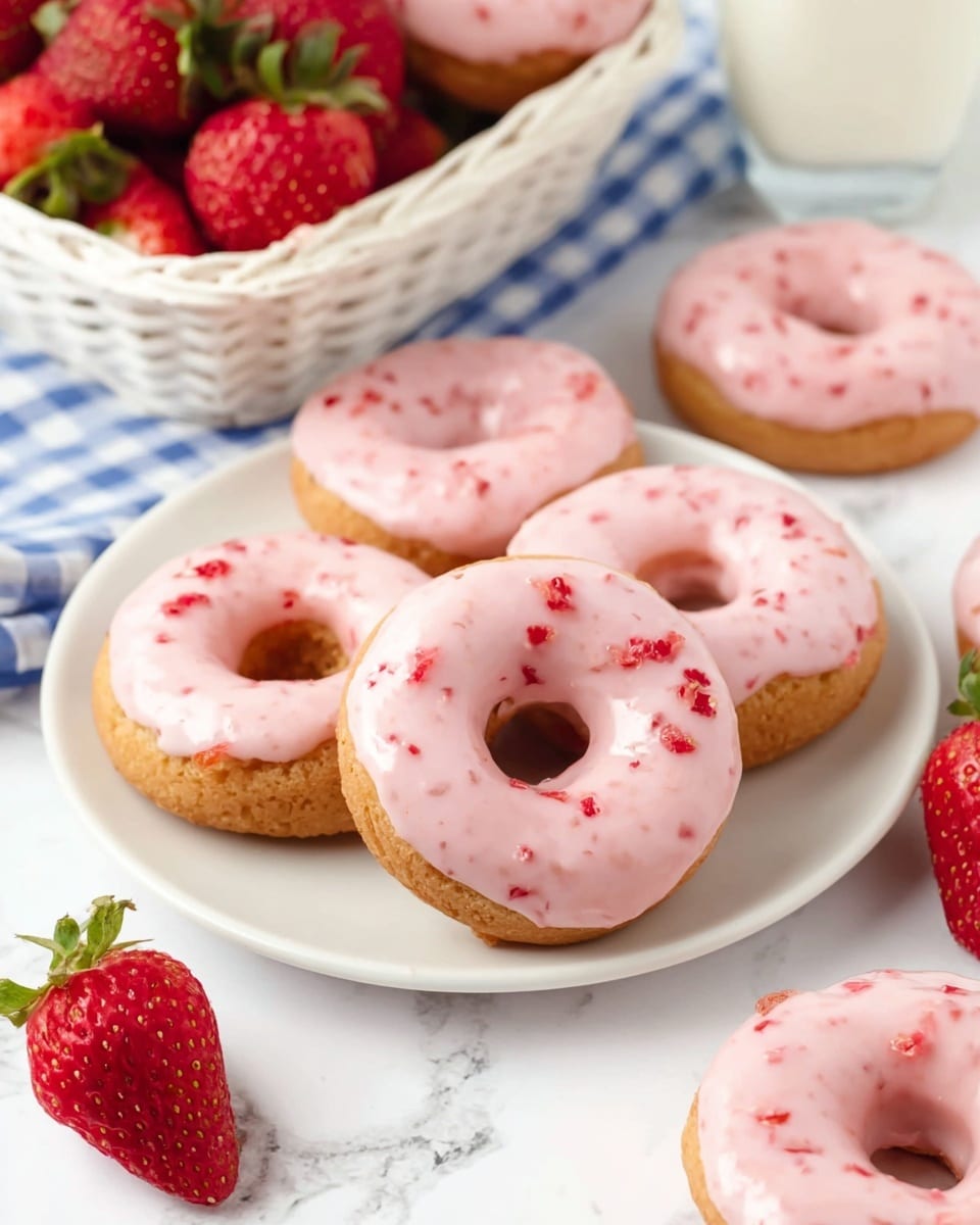 The image shows several donuts with light pink icing topped with small bits of red fruit on their top layer, sitting on a white plate and a white marbled surface. The donuts have a golden-brown base that looks soft and lightly textured. To the side, there is a white woven basket filled with fresh whole strawberries, resting on a blue and white checkered cloth. A few strawberries are scattered around the donuts on the white marbled background. The overall scene is bright and colorful, with the pink icing and red strawberries standing out against the white elements. photo taken with an iphone --ar 4:5 --v 7