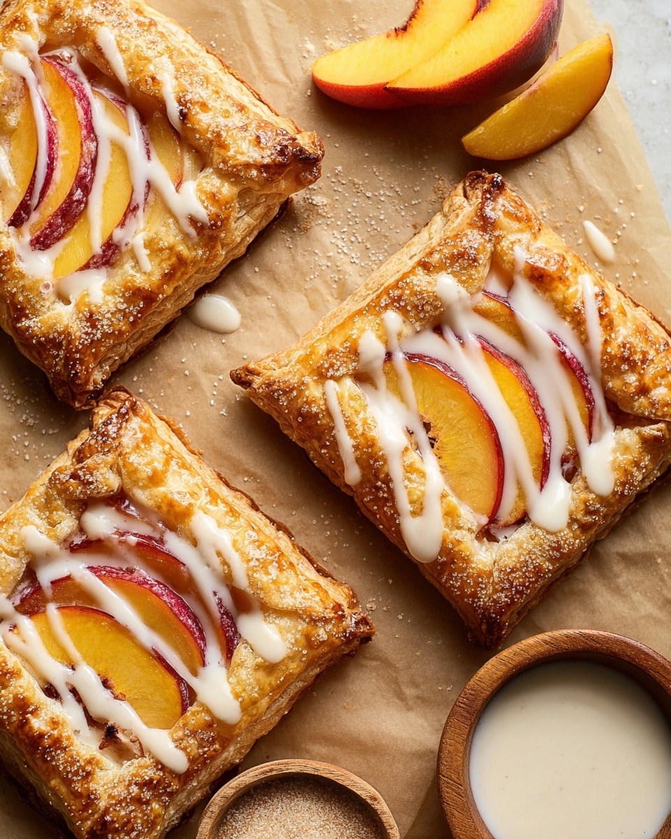 The image shows three square peach pastries with golden, flaky, and slightly puffed crusts sprinkled with coarse sugar. Each pastry has a slightly raised border with a smoother inside layer holding three thin slices of peach with red edges, arranged in a layered pattern from top left to bottom right. A white glaze is drizzled across the top of each pastry in loose zigzag lines. The pastries are placed on a light brown parchment paper surface, with two small wooden bowls nearby—one filled with white glaze and the other with light brown sugar. A peach slice rests near the upper pastry. The background is a white marbled texture. Photo taken with an iphone --ar 4:5 --v 7