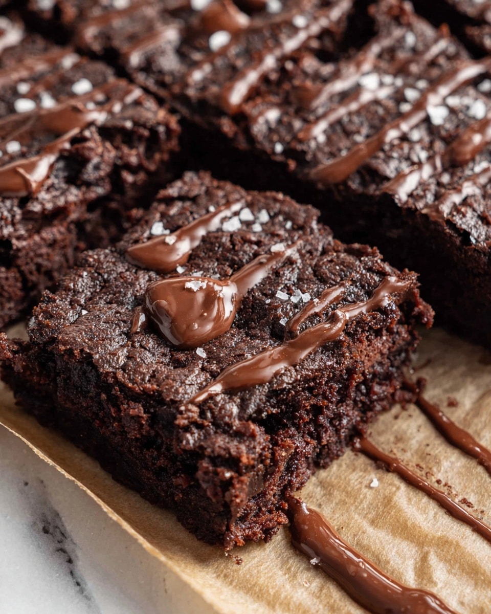 A close-up view of a dark brown, thick chocolate brownie with a slightly rough and chewy surface showing small chunks of chocolate embedded inside; thin lines of melted milk chocolate are drizzled unevenly across the top, with larger blobs of milk chocolate scattered on the surface along with flakes of coarse salt, all resting on light brown parchment paper with some crumbs around the edges; the scene is set on a white marbled texture. photo taken with an iphone --ar 4:5 --v 7