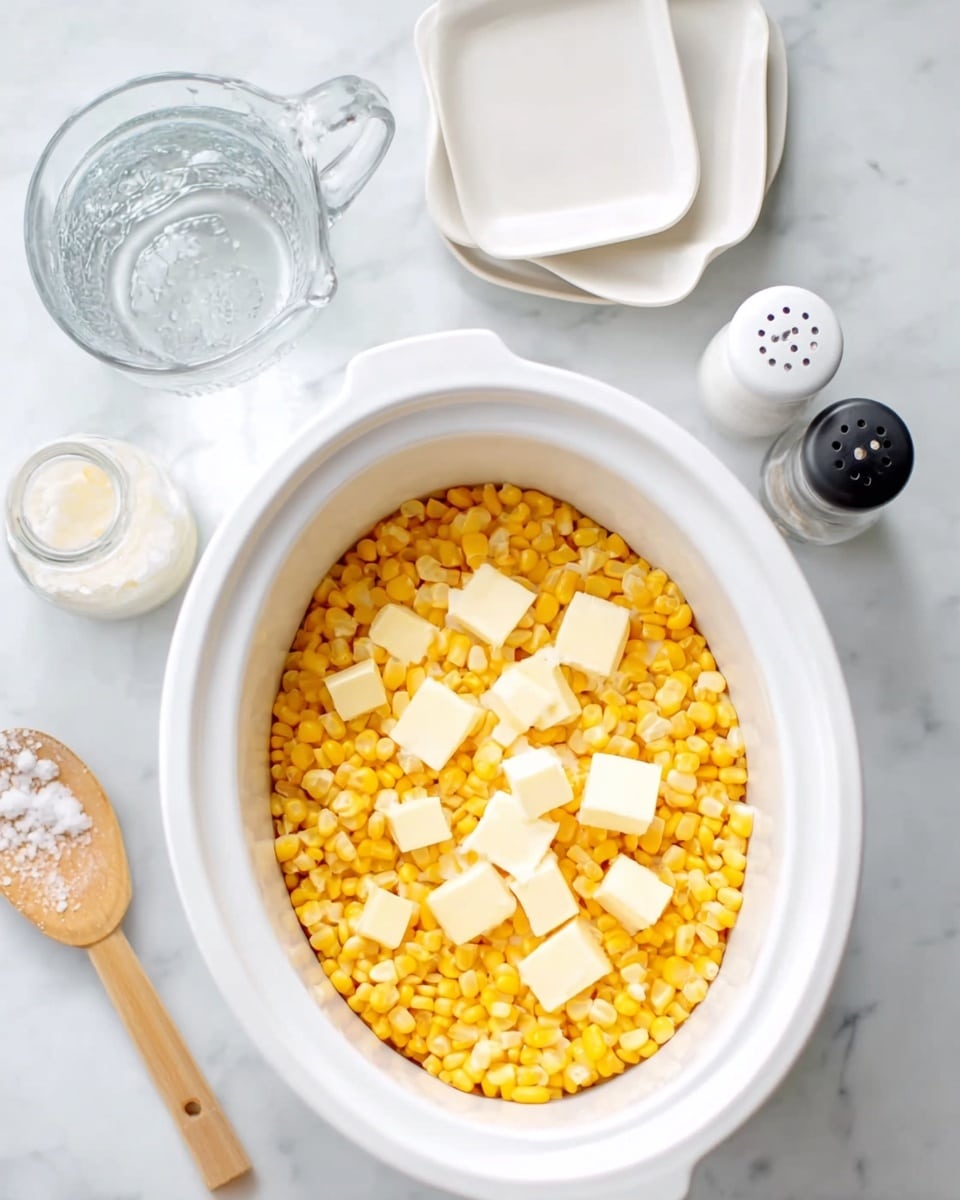 A white slow cooker filled with bright yellow corn kernels topped with scattered chunks of pale yellow butter. Around the cooker on a white marbled surface, there is a wooden spoon with some white residue on it, a clear glass measuring cup with water, a white salt shaker, a black pepper shaker, and two small plain white rectangular plates. The overall setting is clean and simple with soft natural light coming from above. Photo taken with an iphone --ar 4:5 --v 7