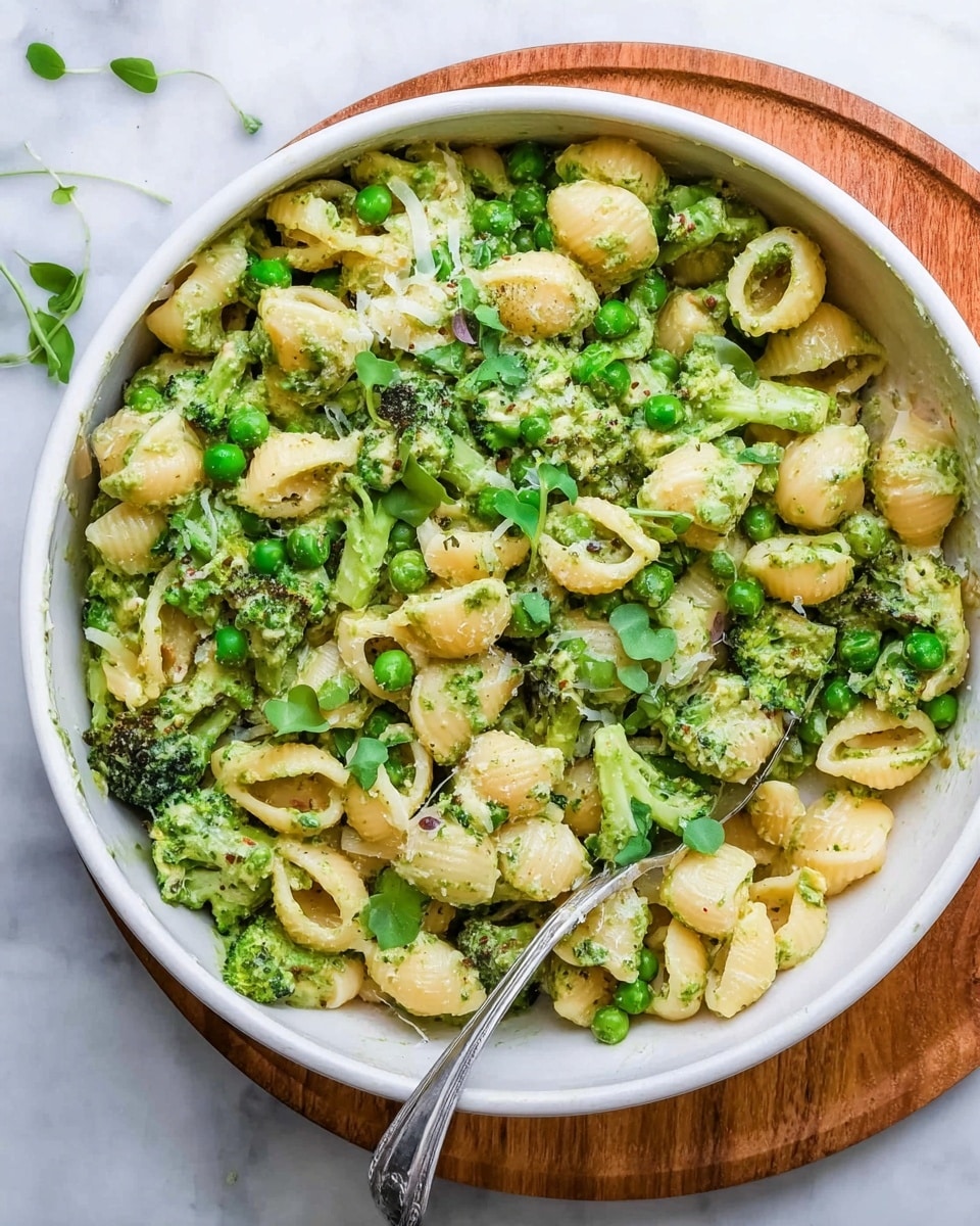 A white bowl filled with small shell pasta mixed with bright green peas and broccoli florets, coated in a creamy sauce with green herbs. The pasta has a light yellow color, the peas and broccoli are fresh green, and the sauce looks smooth and slightly thick. Some small green leaves are scattered on top, and a silver spoon rests inside the bowl. The bowl is placed on a round wooden board on a white marbled surface. Photo taken with an iphone --ar 4:5 --v 7