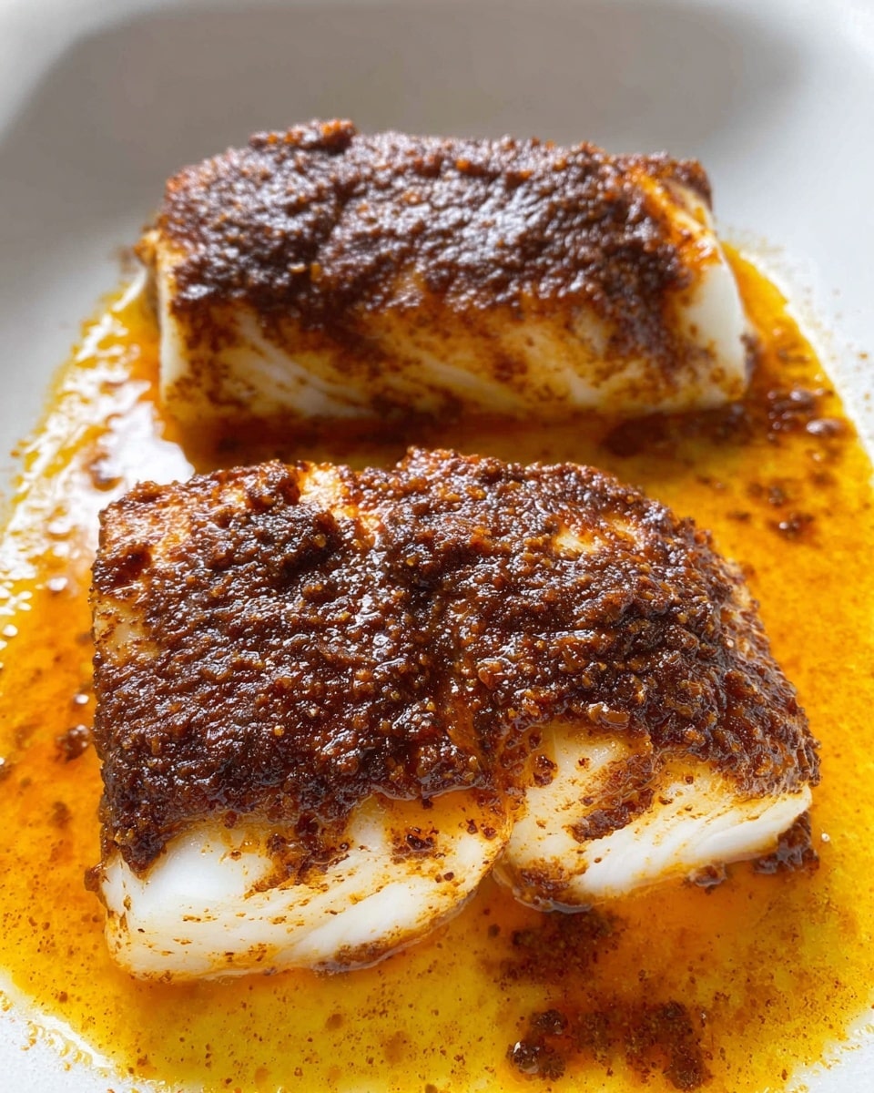 Two pieces of cooked white fish fillets sit side by side in a white bowl. Each fillet has a thick layer of dark brown seasoning on top, giving a textured and slightly crispy look. Around the fillets, there is a bright orange oily sauce that spreads unevenly on the bottom of the bowl, showing some streaks and splashes. The fish is positioned close to each other with a bit of space in between, and the white marbled surface of the bowl creates a clean background. Photo taken with an iphone --ar 4:5 --v 7