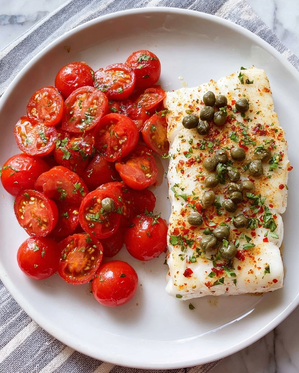A white round plate holds two main parts: on the left, there is a pile of halved bright red cherry tomatoes with a shiny, fresh surface, scattered with small green chopped herbs. On the right side, there is a thick piece of white fish fillet, cooked with a slightly browned, textured top sprinkled with small green capers and red seasoning powder. The plate is placed on a white marbled surface. Photo taken with an iphone --ar 4:5 --v 7