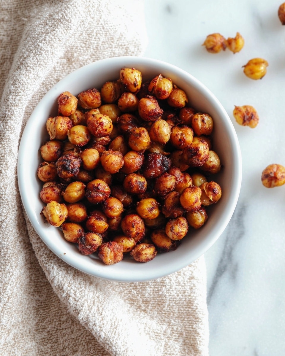 A white bowl sits on a white marbled surface with a beige and white textured cloth partly under it. Inside the bowl are many roasted chickpeas, each round and golden-brown with some darker charred spots, giving a crunchy look. A few chickpeas are scattered outside the bowl on the white marbled surface. The lighting is soft and natural, highlighting the crispy texture and warm colors of the chickpeas. photo taken with an iphone --ar 4:5 --v 7
