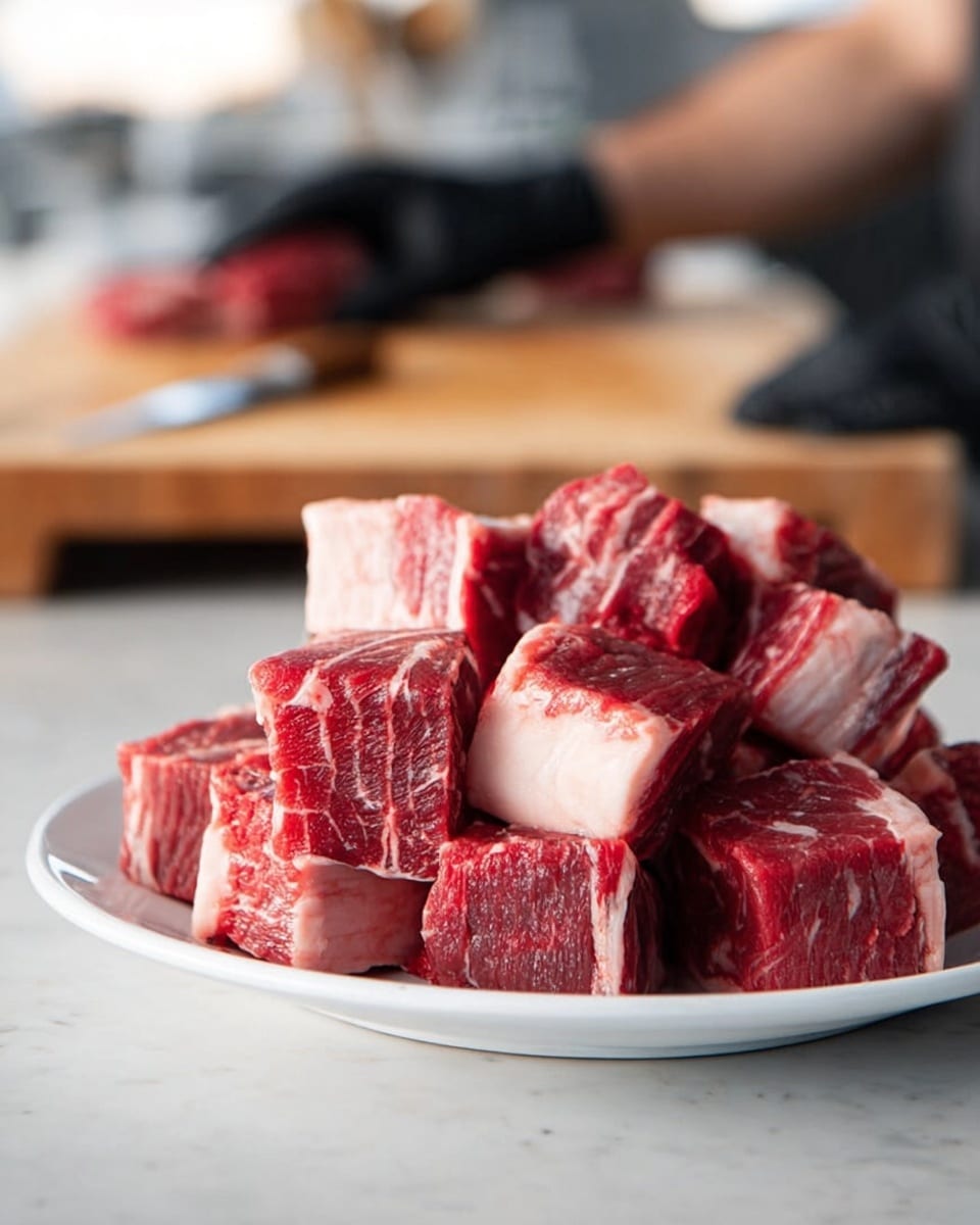 A white plate piled high with thick, square pieces of raw red meat, each piece showing white fat layers mixed with the deep red muscle tissue, placed on a smooth white marbled surface. In the background, a blurred wooden cutting board and a person's arm and hand wearing a black glove can be seen, slightly out of focus. The lighting is bright and natural, emphasizing the fresh texture and color of the meat. Photo taken with an iphone --ar 4:5 --v 7