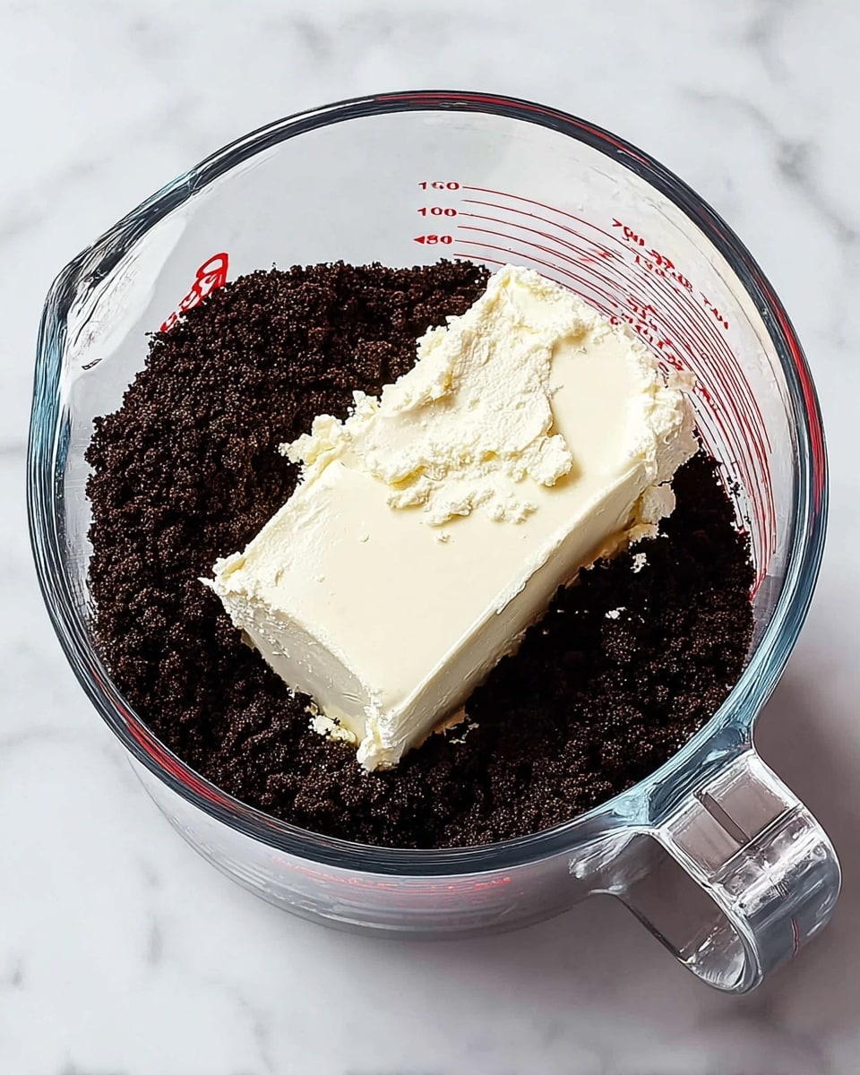 A clear glass measuring cup sits on a white marbled surface, filled with two layers of ingredients. The bottom layer is dark, crumbly, and looks like crushed cookies or chocolate crumbs, covering most of the inside base. On top of this is a large, rectangular white block of cream cheese resting slightly tilted, creating contrast between the dark crumbs and smooth, pale cream cheese. The clear measuring cup has red numerical markings and a spout on the right side. photo taken with an iphone --ar 4:5 --v 7
