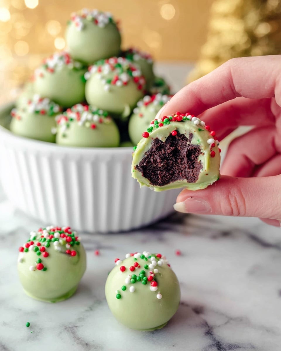 A close-up of a woman's hand holding a green round ball coated in smooth light green chocolate with red, white, and green sprinkles, revealing a dark rich chocolate inside. In the background, a white bowl is full of similar green balls with colorful sprinkles stacked up. A few green balls lie scattered on a white marbled surface around the hand. The lighting is soft, with a slightly blurred background featuring warm yellow and gold tones. photo taken with an iphone --ar 4:5 --v 7