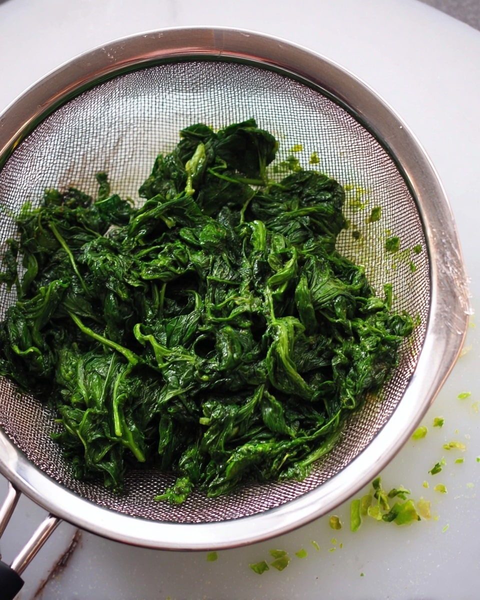 The image shows a silver metal sieve filled with a single layer of cooked dark green spinach leaves, which are soft and slightly wet. The sieve rests on a white bowl, set against a white marbled surface. The spinach leaves have a wrinkled texture and some small chopped bits scattered around the edges of the sieve. Photo taken with an iphone --ar 4:5 --v 7