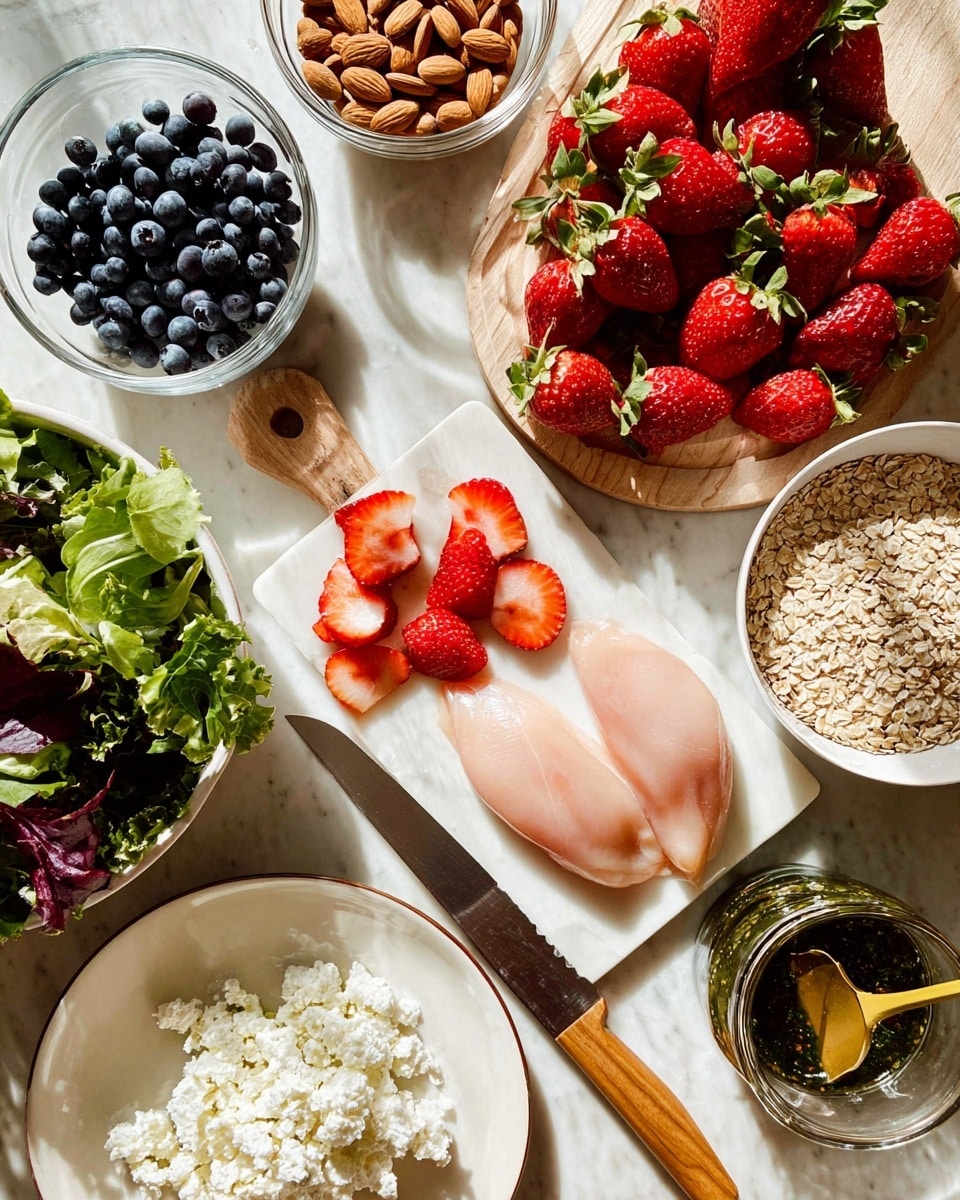 The image shows a top view of various fresh ingredients arranged on a white marbled surface, including a white colander filled with bright red strawberries on the right, a white plate at the bottom left holding three smooth, pale pink raw chicken fillets, and a bowl of mixed green leafy vegetables next to it with different shades of green and purple leaves. Near the center, a small white cutting board holds sliced bright red strawberries and their green tops scattered around, with a small knife with a wooden handle lying nearby. Surrounding these are several bowls: a clear glass bowl filled with deep blue blueberries in the top left, a white bowl full of light brown whole almonds just above it, and a larger white bowl filled with light tan uncooked grains to the right of the almonds. To the far right, a glass jar holds a dark green herb dressing with a yellow spoon inside. At the bottom left, a white plate carries fluffy white cottage cheese. The whole setup is bright with natural light, organized in a neat and inviting way. photo taken with an iphone --ar 4:5 --v 7