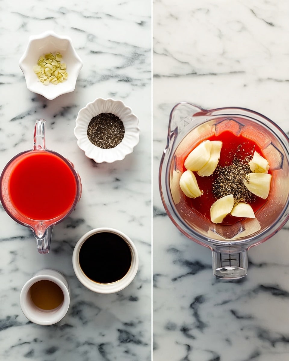 The image shows two parts: on the left, a white marbled surface with six small containers arranged around. From top left, a clear glass jug with bright red tomato juice, a small white scalloped bowl with dark soy sauce, a white hexagon container with black pepper, a white cup with brown liquid, a black bowl with peeled garlic cloves, and a clear glass cup with a peeled green vegetable. On the right, a clear blender container on the white marbled surface holds the same tomato juice at the bottom, four chunks of peeled garlic, and a pile of black pepper on top, seen from above. Photo taken with an iphone --ar 4:5 --v 7