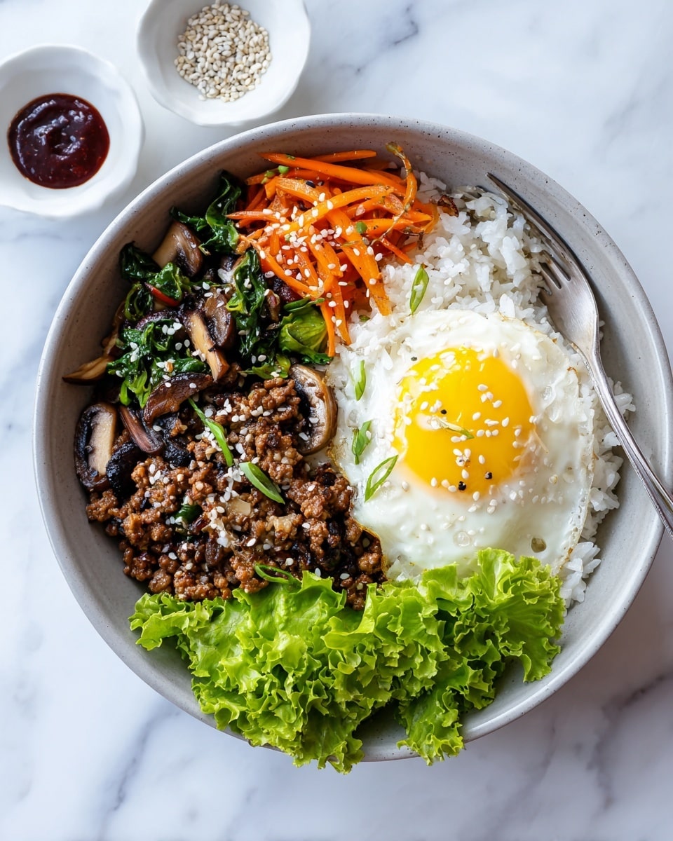 A bowl with three main layers is shown on a white marbled surface. The bottom layer is white rice filling half the bowl. On top of the rice, on the left side, there is a stir-fry mix of brown minced meat, orange shredded carrots, dark brown mushrooms, and green spinach, sprinkled with white sesame seeds. On the right side, a bright yellow sunny-side-up egg with white edges is placed, also topped with white sesame seeds. At the bottom edge of the bowl, fresh curly green lettuce leaves add a pop of color. A silver fork rests partly in the bowl on the left side. Near the top left and right of the bowl, there are small white dishes, one with dark red sauce and another with white sesame seeds. Photo taken with an iphone --ar 4:5 --v 7